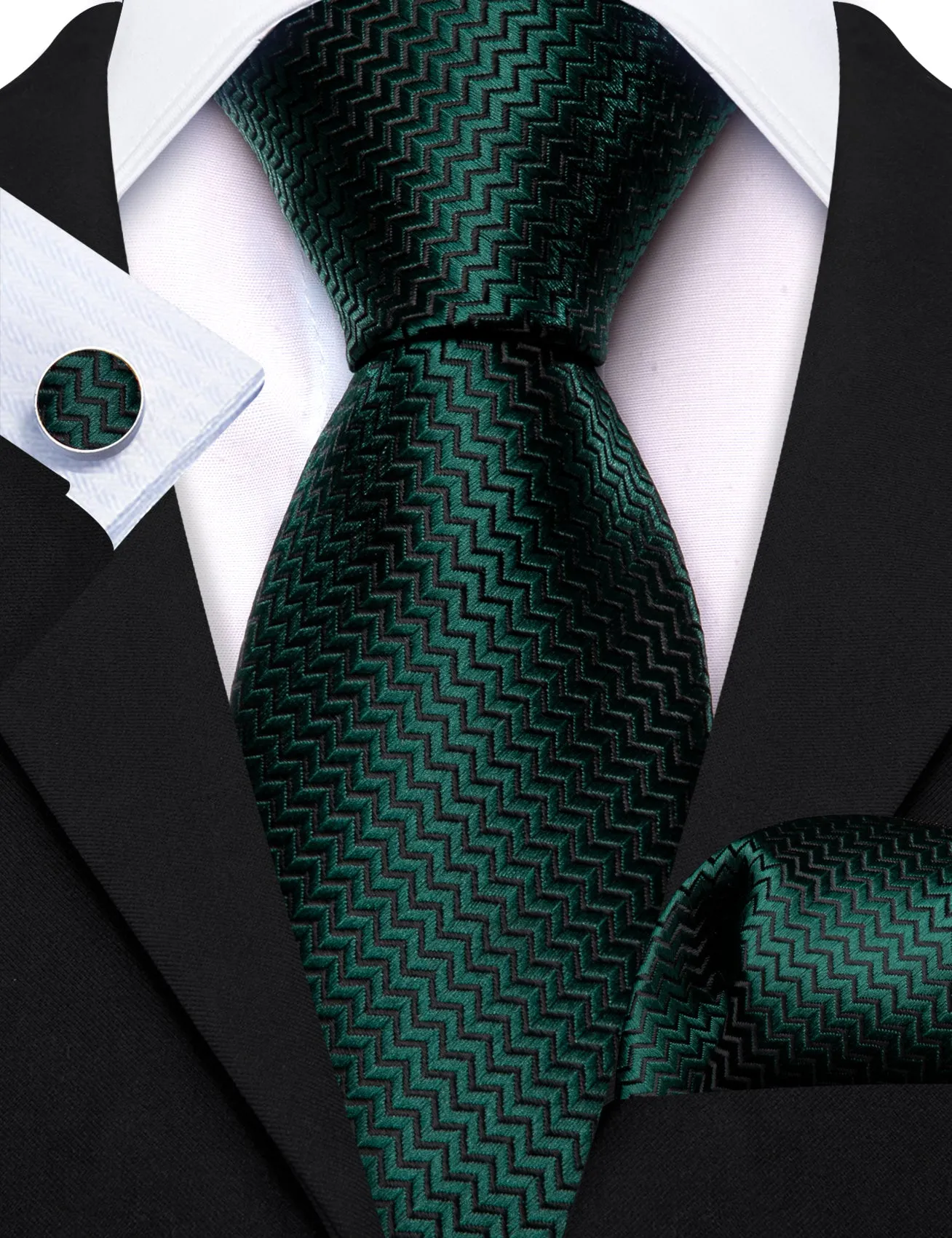 Pure Dark Green Novelty Woven Men's 63 Inches Extra Length Tie Handkerchief Cufflinks Set sold by Ties2You product image thumbnail 3