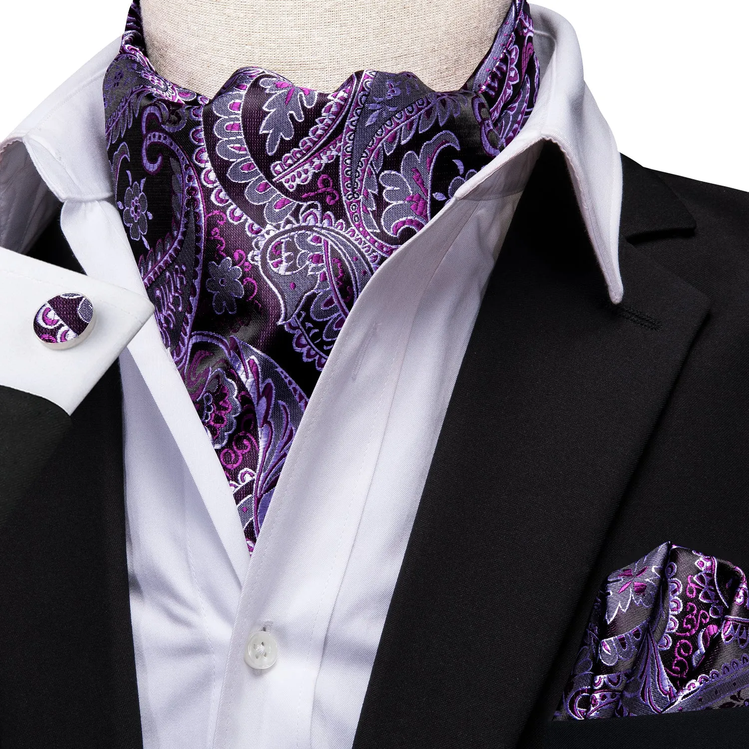 Dark Purple Paisley Ascot Cravat Tie Pocket Square Cufflinks Set sold by Ties2You product image thumbnail 2