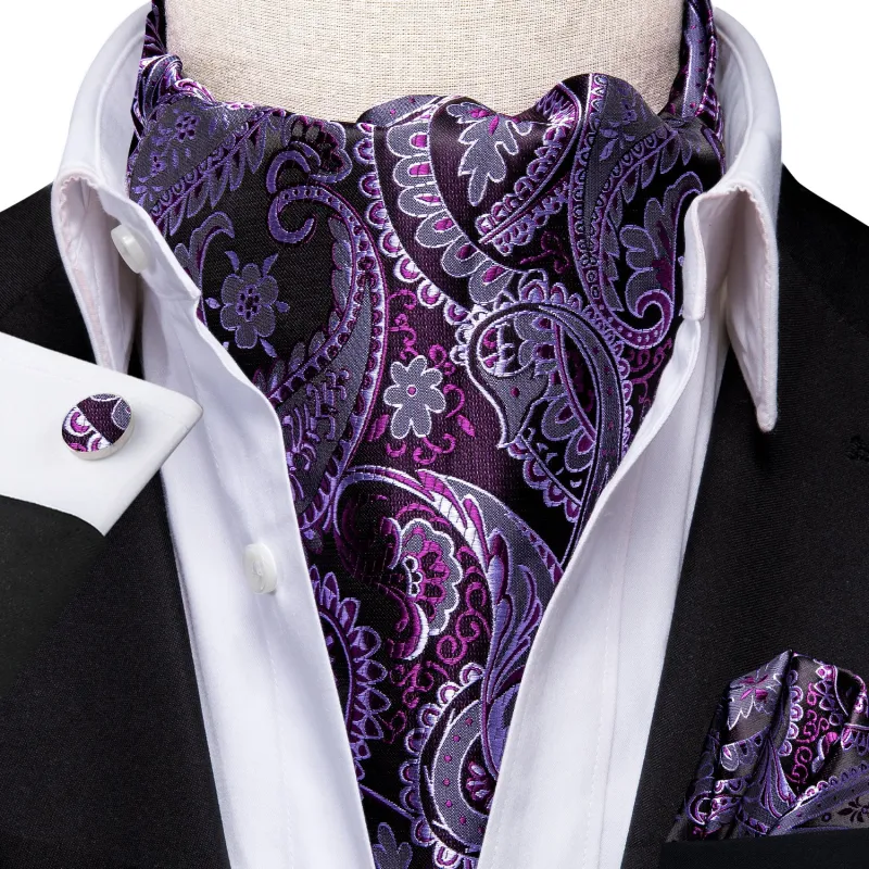 Dark Purple Paisley Ascot Cravat Tie Pocket Square Cufflinks Set made by Ties2You
