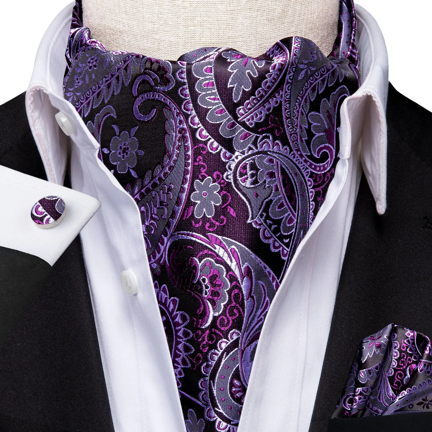 Dark Purple Paisley Ascot Cravat Tie Pocket Square Cufflinks Set sold by Ties2You