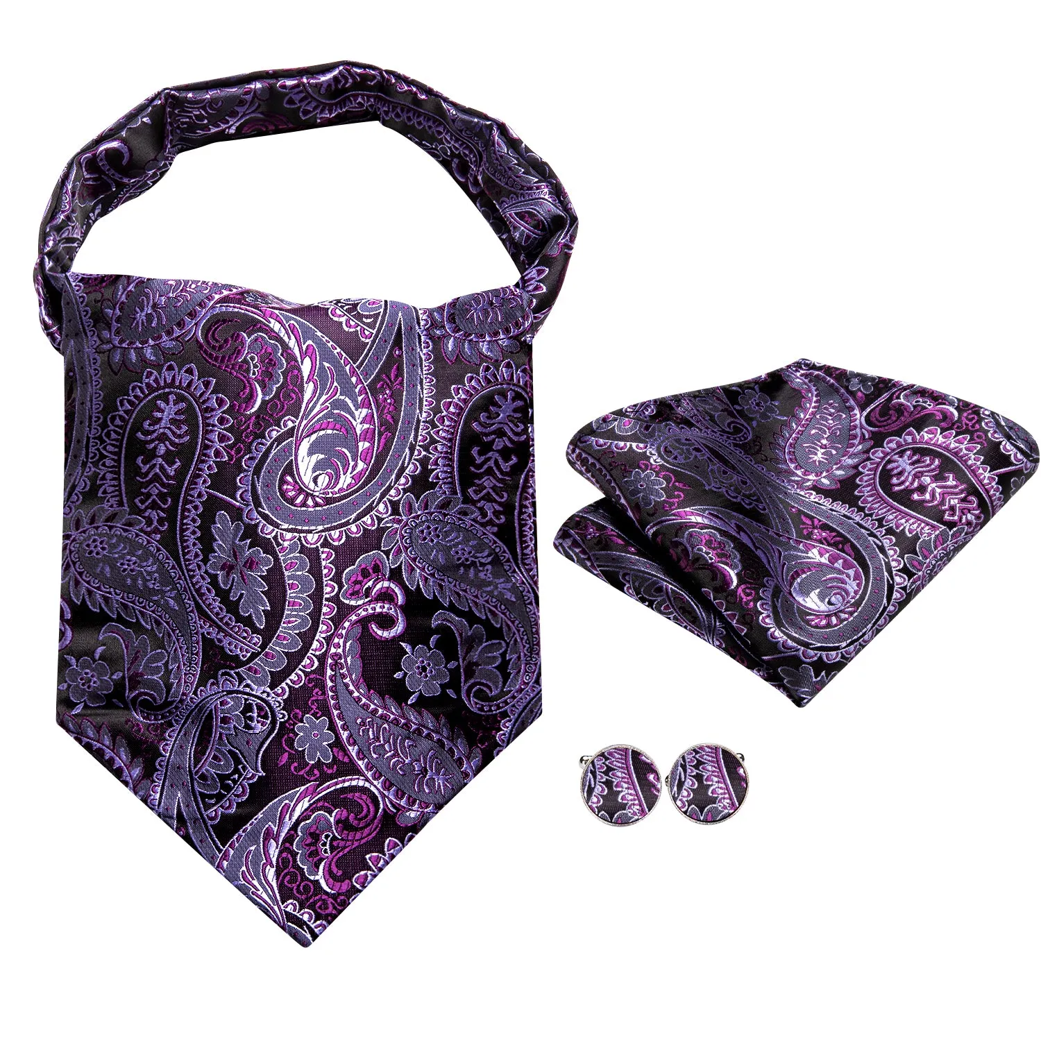 Dark Purple Paisley Ascot Cravat Tie Pocket Square Cufflinks Set sold by Ties2You product image thumbnail 5