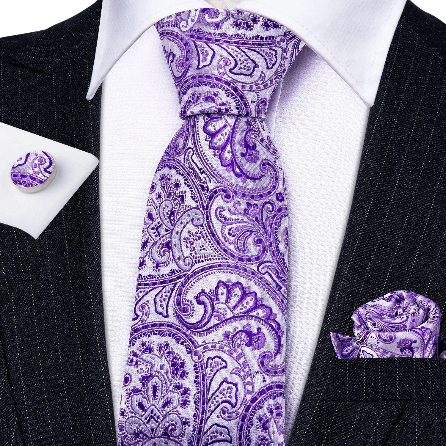 Light Purple Paisley Men's Tie Pocket Square Cufflinks Set sold by Ties2You product image thumbnail 2
