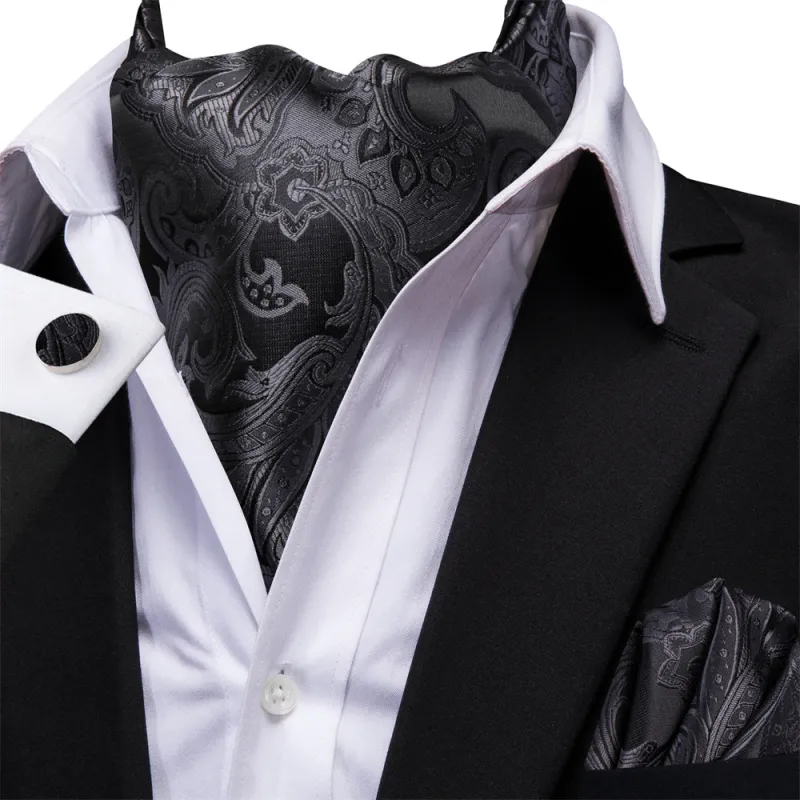 Ties2you Black Paisley Silk Ascot Cravat Tie Pocket Square Cufflinks Set sold by Ties2You