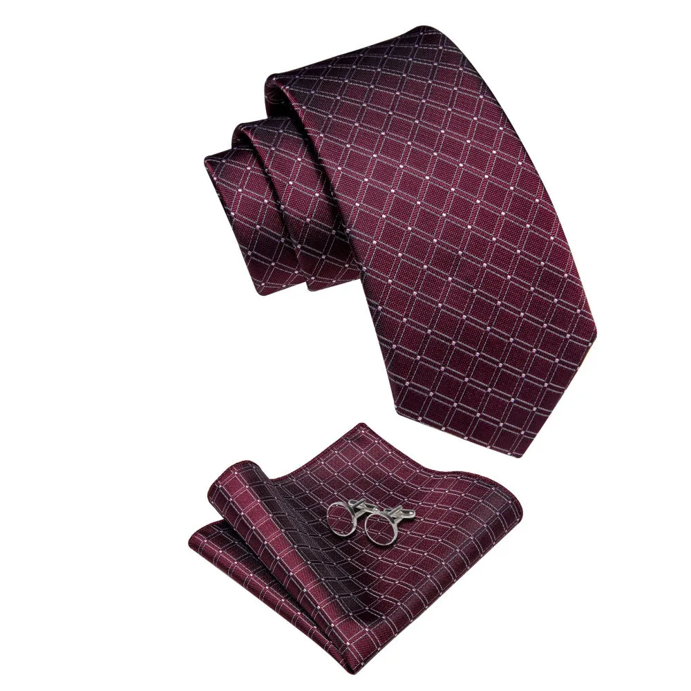 Ties2you Burgundy Red Tie White Lines Plaid Jacquard Mens Necktie Set sold by Ties2You product image thumbnail 5