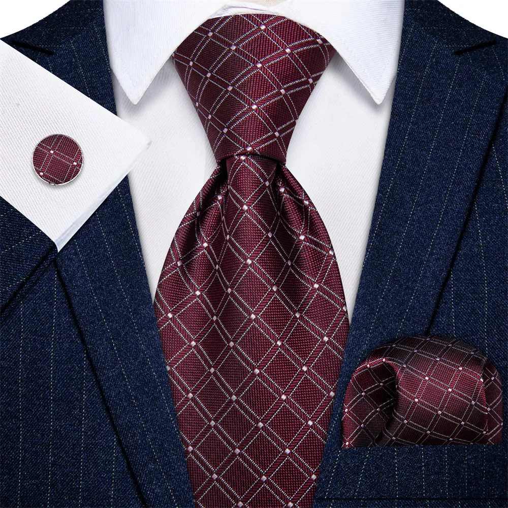Ties2you Burgundy Red Tie White Lines Plaid Jacquard Mens Necktie Set sold by Ties2You