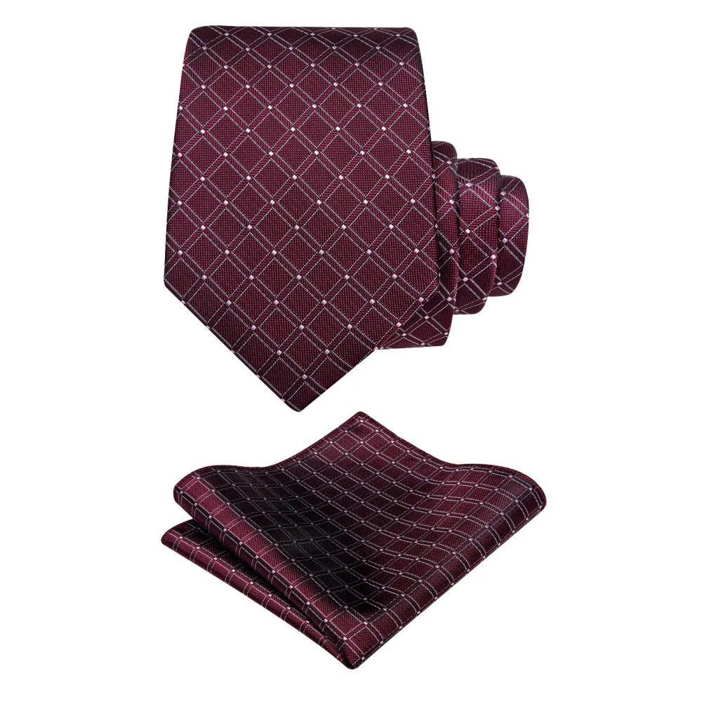Ties2you Burgundy Red Tie White Lines Plaid Jacquard Mens Necktie Set sold by Ties2You product image thumbnail 4