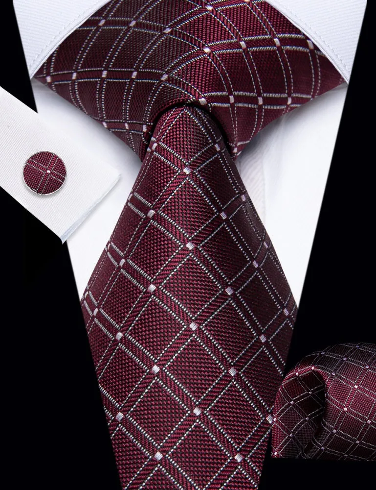 Ties2you Burgundy Red Tie White Lines Plaid Jacquard Mens Necktie Set sold by Ties2You product image thumbnail 2