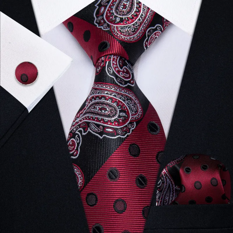 Ties2you Black Red Silver Novelty TIe Polka Dot Tie Hanky Cufflink Set sold by Ties2You
