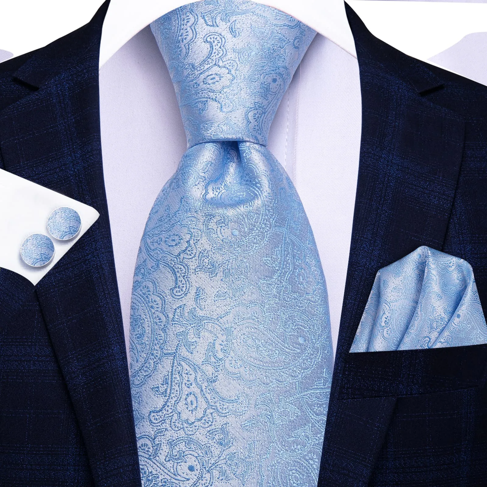 Ties2you Silk Necktie Sky Blue Paisley Mens Tie Handkerchief Cufflinks Set sold by Ties2You product image thumbnail 2