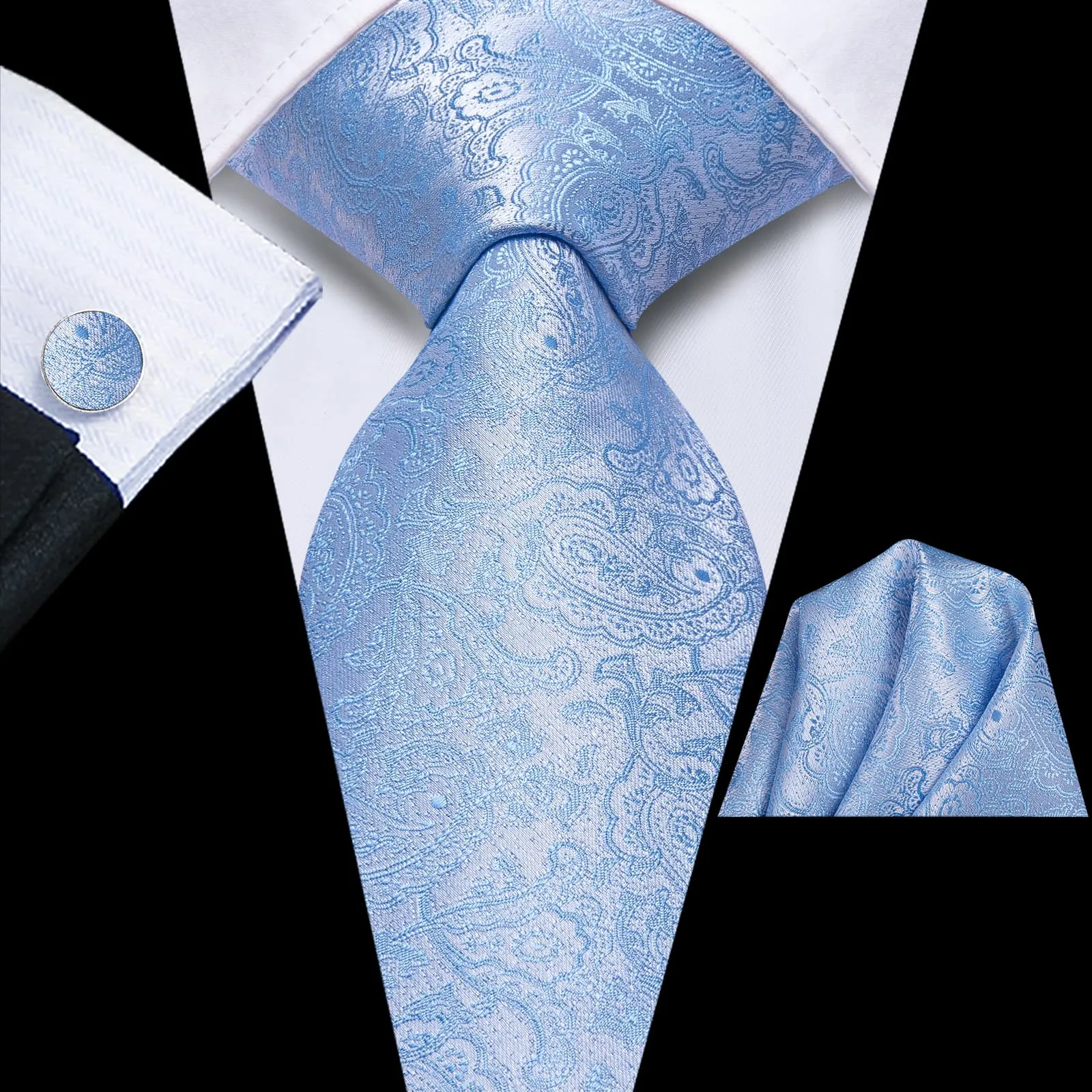 Ties2you Silk Necktie Sky Blue Paisley Mens Tie Handkerchief Cufflinks Set sold by Ties2You