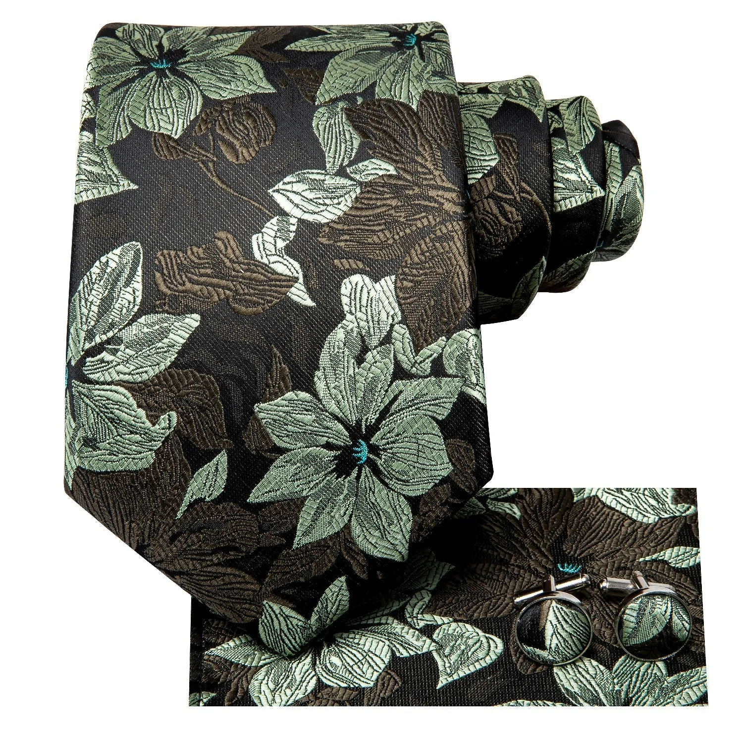 Ties2you Extra Long Tie 70 Inch Sage Green Floral Necktie Pocket Square Cufflinks Set sold by Ties2You product image thumbnail 5