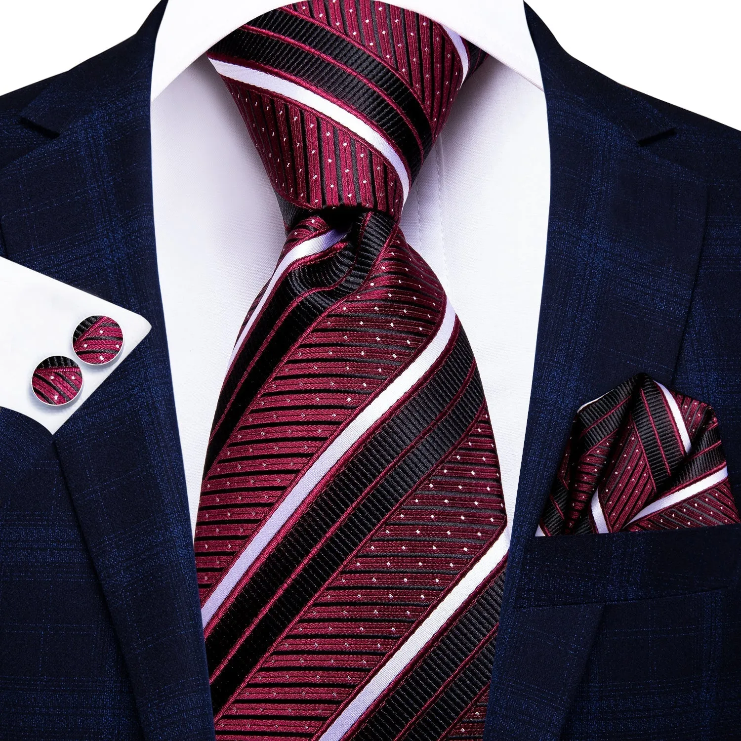Ties2you Extra Long Necktie 70 Inches Burgundy Striped Tie Pocket Square Cufflinks Set sold by Ties2You product image thumbnail 2