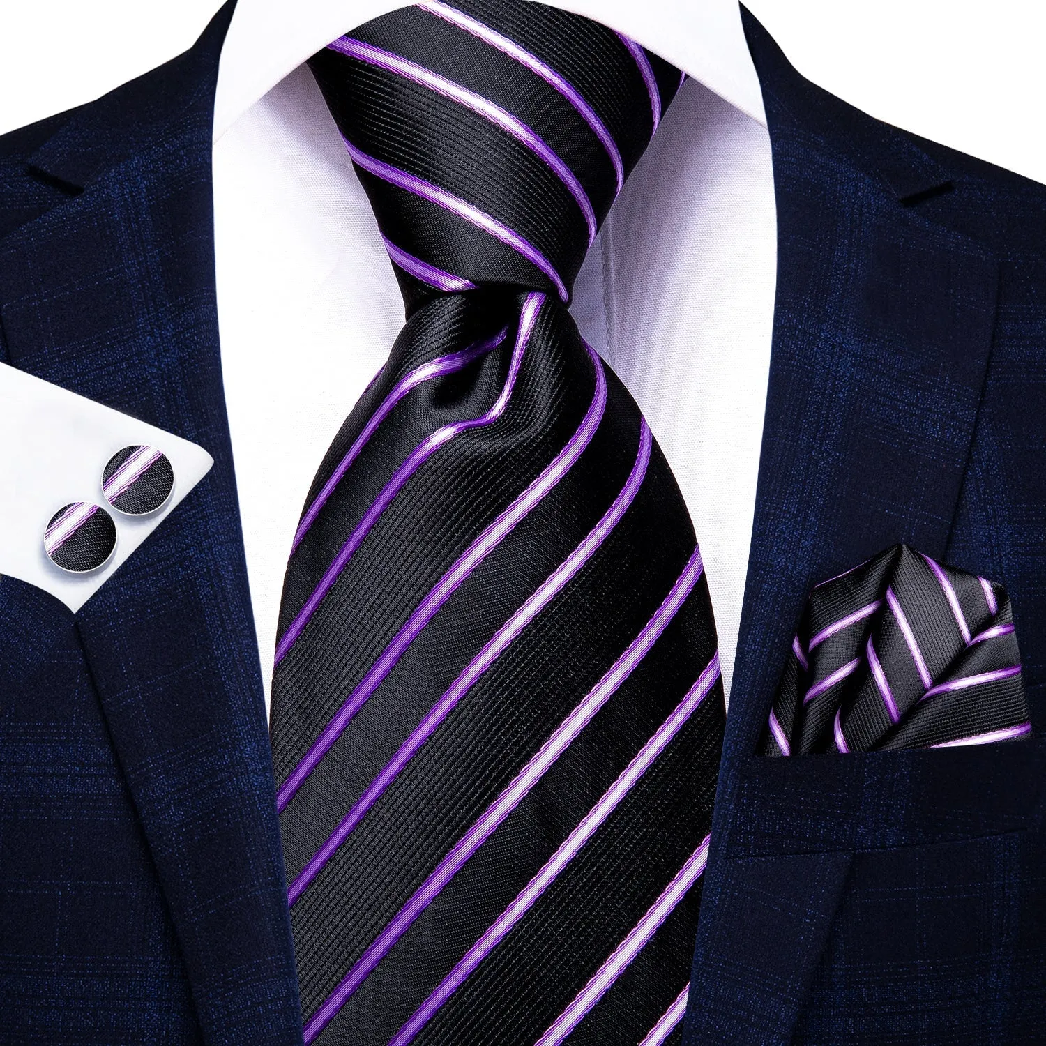 Black Purple Striped Men's 70 Inches Extra Length Tie Handkerchief Cufflinks Set sold by Ties2You product image thumbnail 3