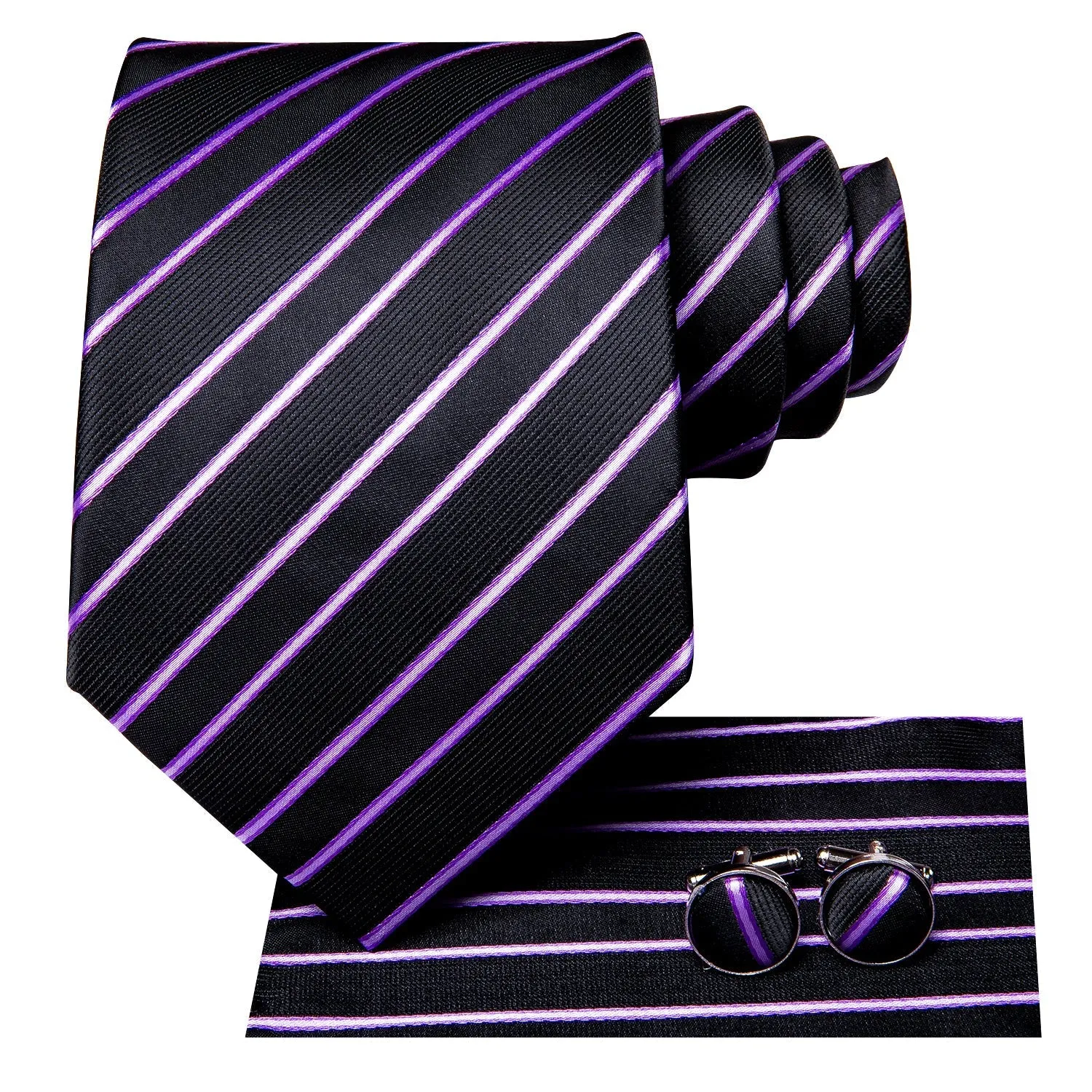 Black Purple Striped Men's 70 Inches Extra Length Tie Handkerchief Cufflinks Set sold by Ties2You product image thumbnail 4