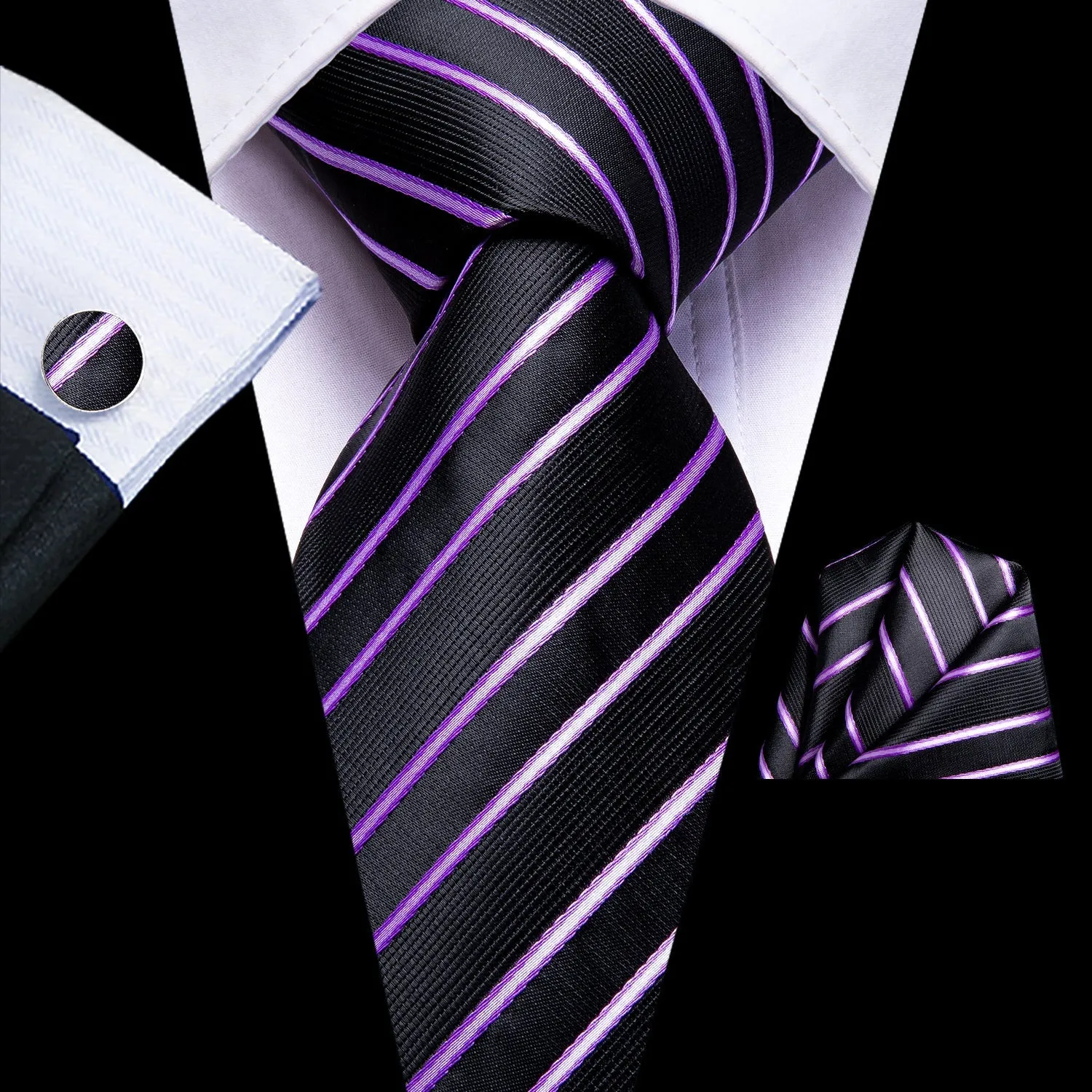 Black Purple Striped Men's 70 Inches Extra Length Tie Handkerchief Cufflinks Set sold by Ties2You