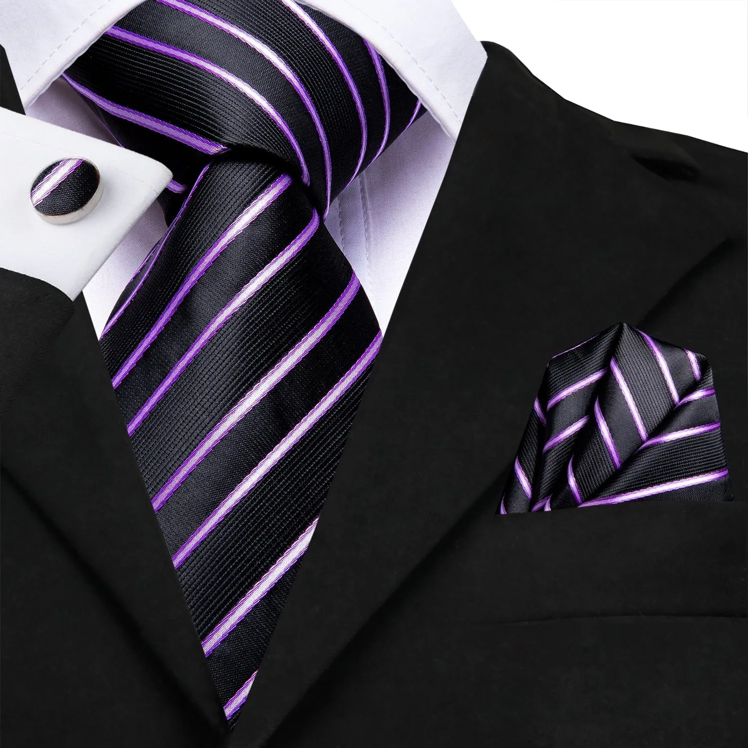 Black Purple Striped Men's 70 Inches Extra Length Tie Handkerchief Cufflinks Set sold by Ties2You product image thumbnail 2