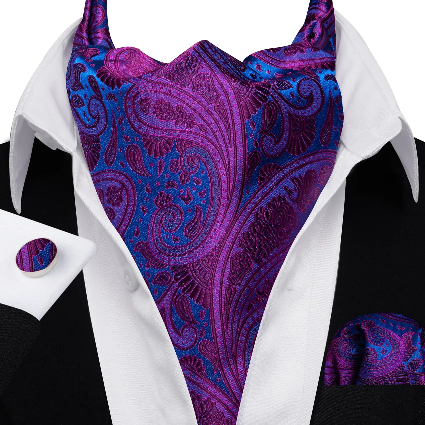 Ties2you Ascot Tie Purple Blue Paisley Silk Mens Ascot Cravat Tie Set sold by Ties2You