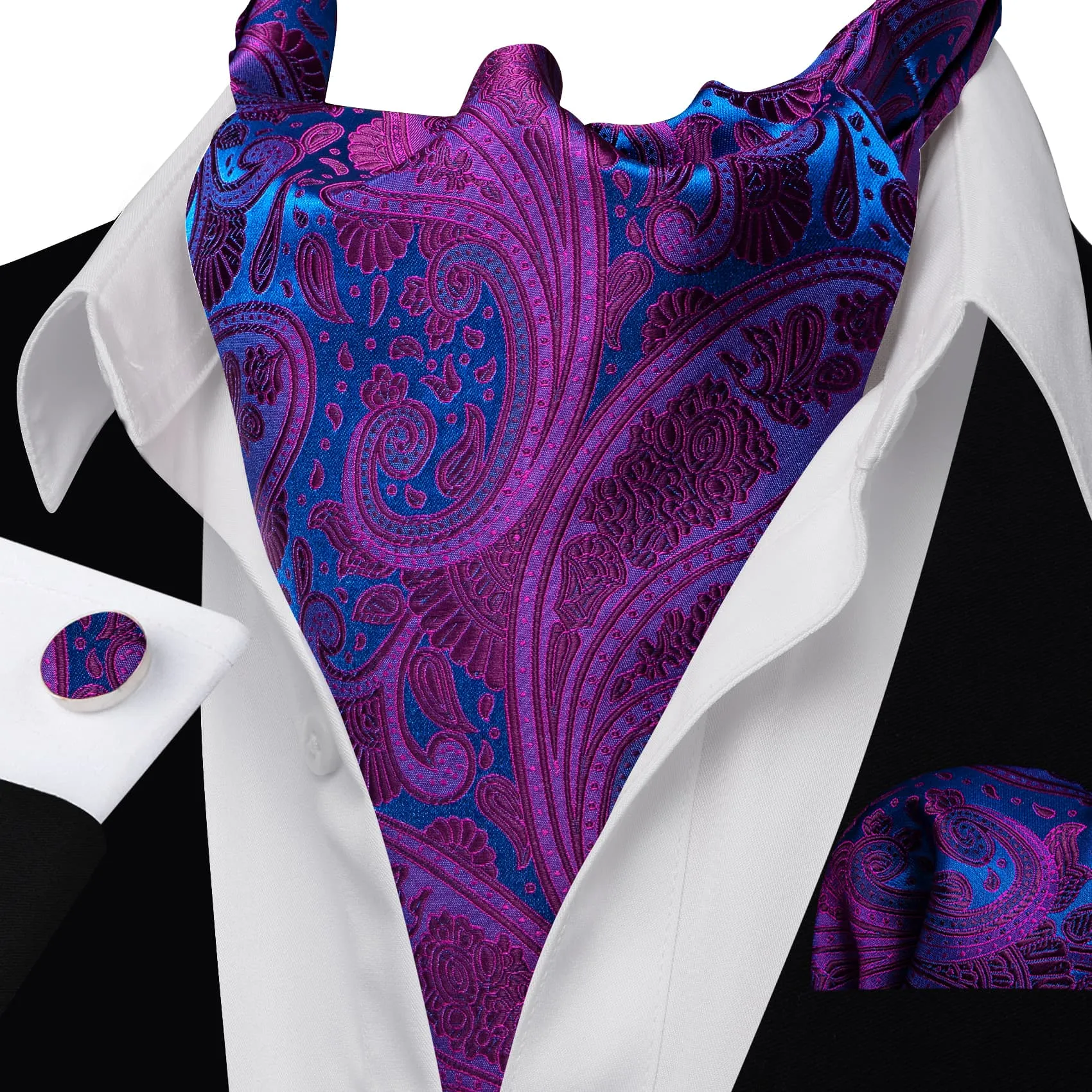Ties2you Ascot Tie Purple Blue Paisley Silk Mens Ascot Cravat Tie Set sold by Ties2You product image thumbnail 2