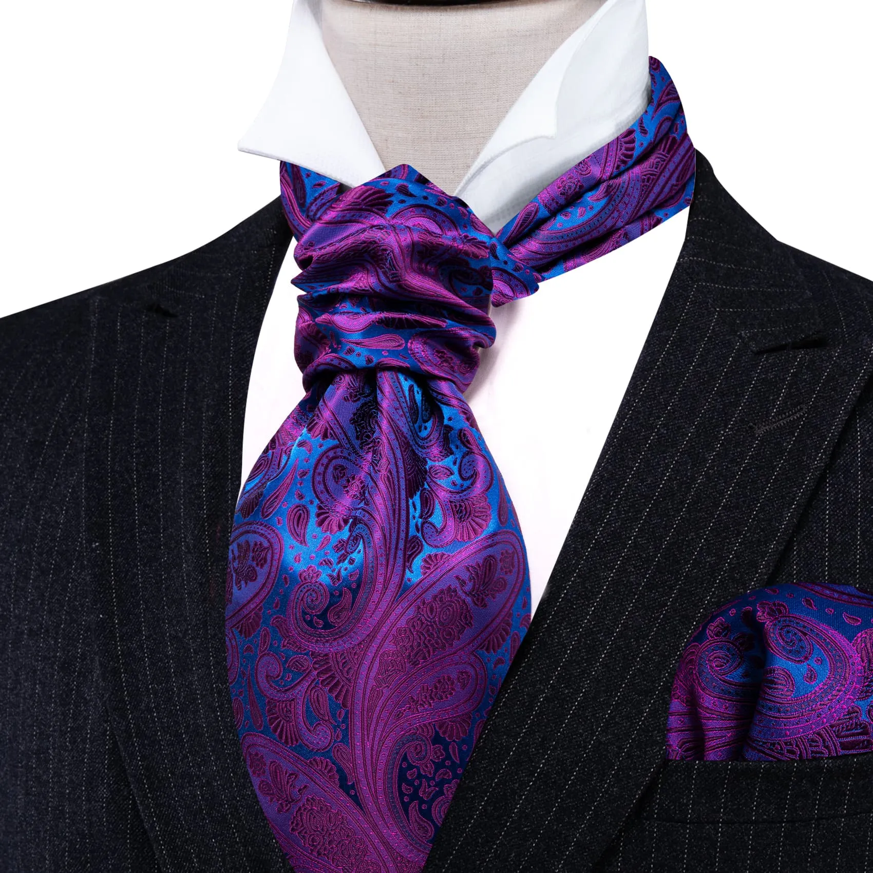 Ties2you Ascot Tie Purple Blue Paisley Silk Mens Ascot Cravat Tie Set sold by Ties2You product image thumbnail 3