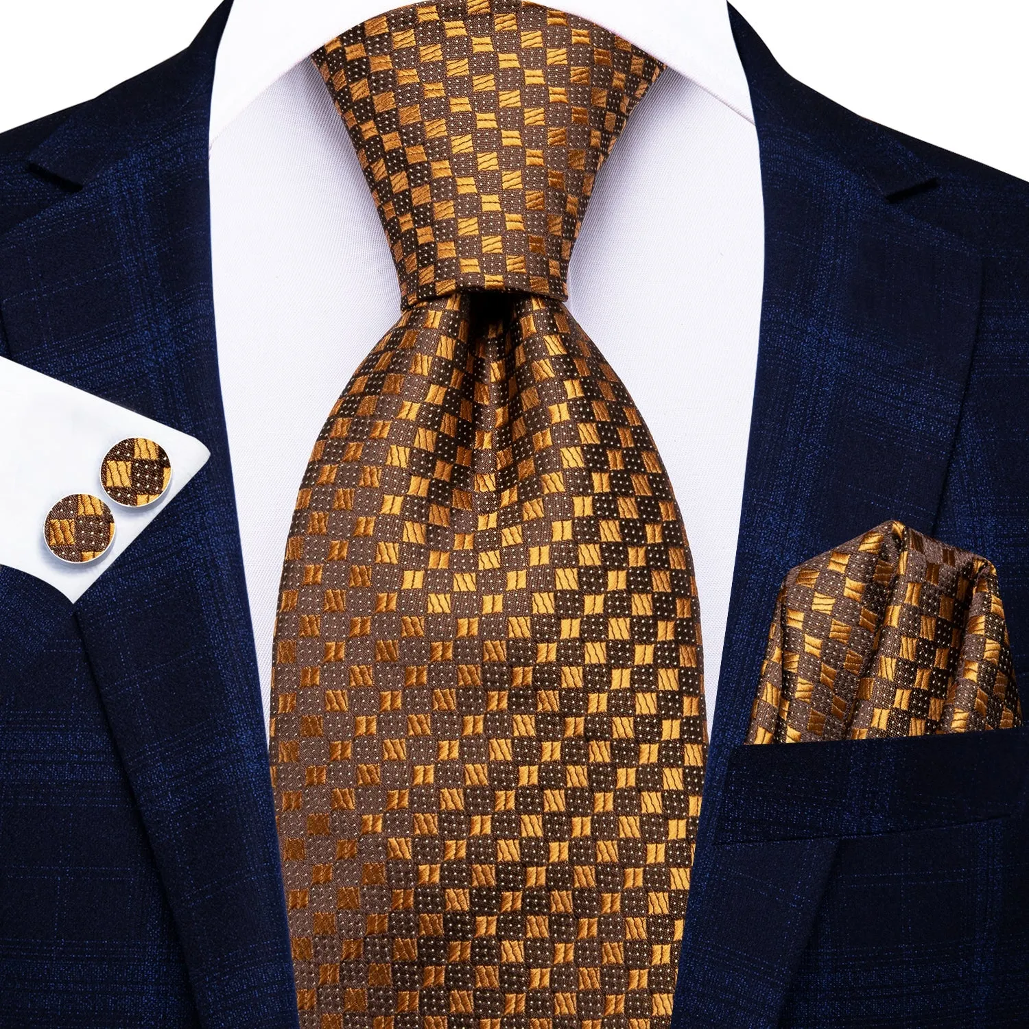 Ties2you Mens Tie Brown Golden Geometric Striped Silk Tie Set Fashion sold by Ties2You product image thumbnail 2