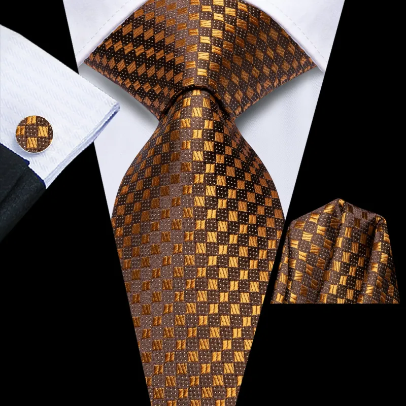 Ties2you Mens Tie Brown Golden Geometric Striped Silk Tie Set Fashion sold by Ties2You