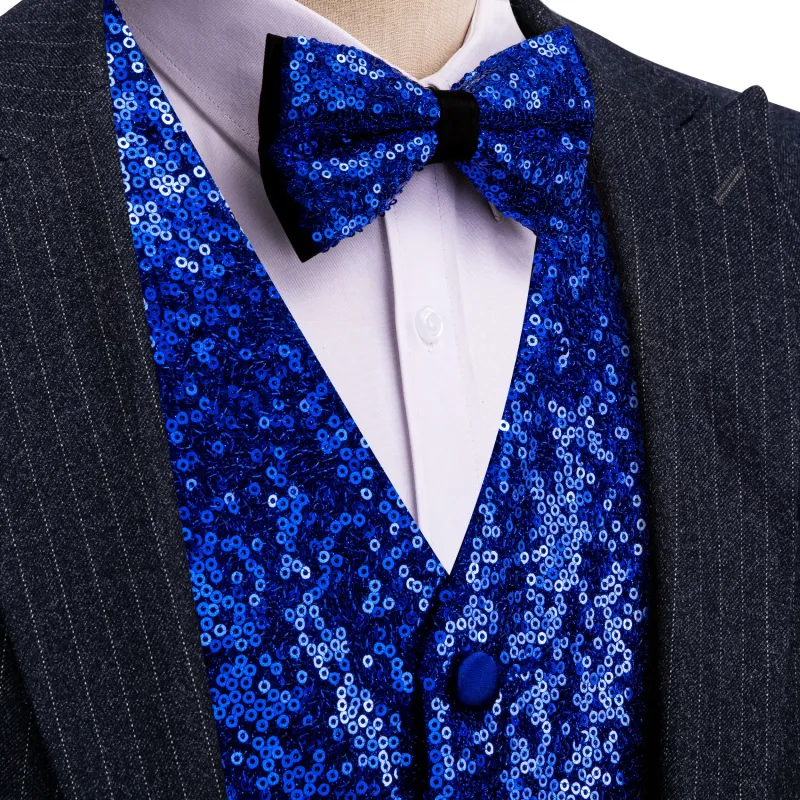 Klein Blue Sequins Silk Men's Vest Hanky Cufflinks Bow Tie Set sold by Ties2You