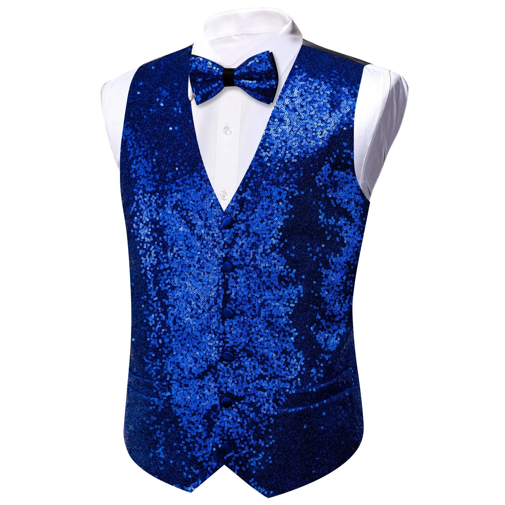 Klein Blue Sequins Silk Men's Vest Hanky Cufflinks Bow Tie Set sold by Ties2You product image thumbnail 5