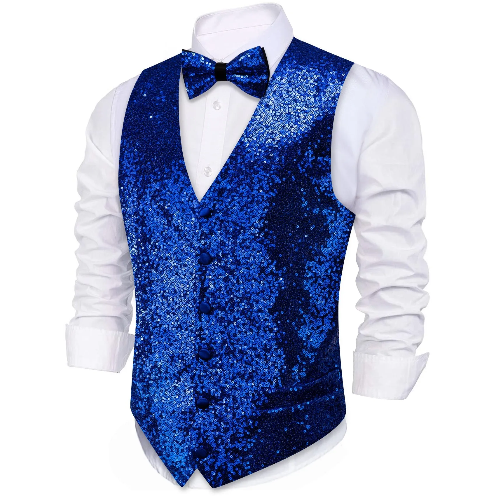 Klein Blue Sequins Silk Men's Vest Hanky Cufflinks Bow Tie Set sold by Ties2You product image thumbnail 3