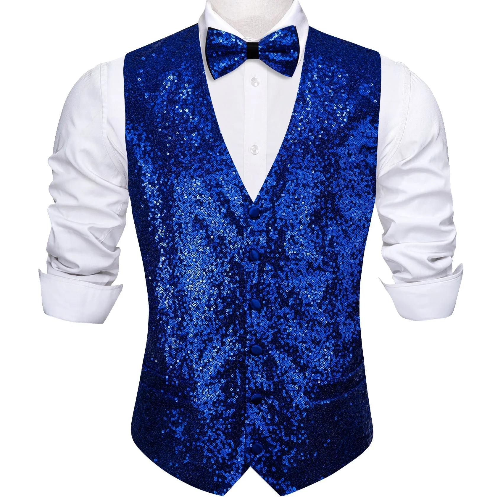 Klein Blue Sequins Silk Men's Vest Hanky Cufflinks Bow Tie Set sold by Ties2You product image thumbnail 2
