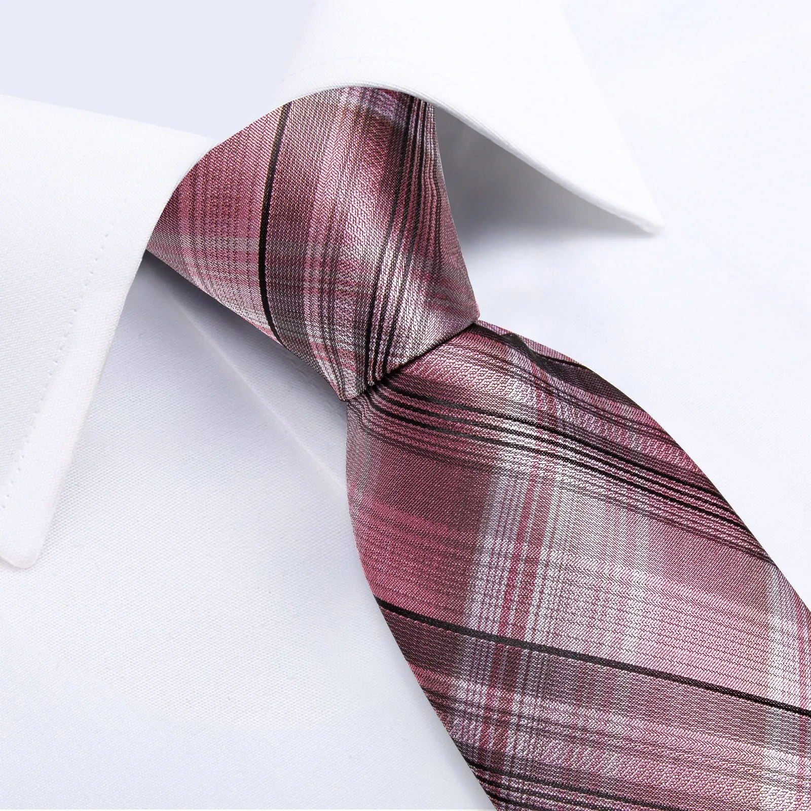 Pink Black Line Plaid Silk Fabric Tie Hanky Cufflinks Set sold by Ties2You product image thumbnail 5