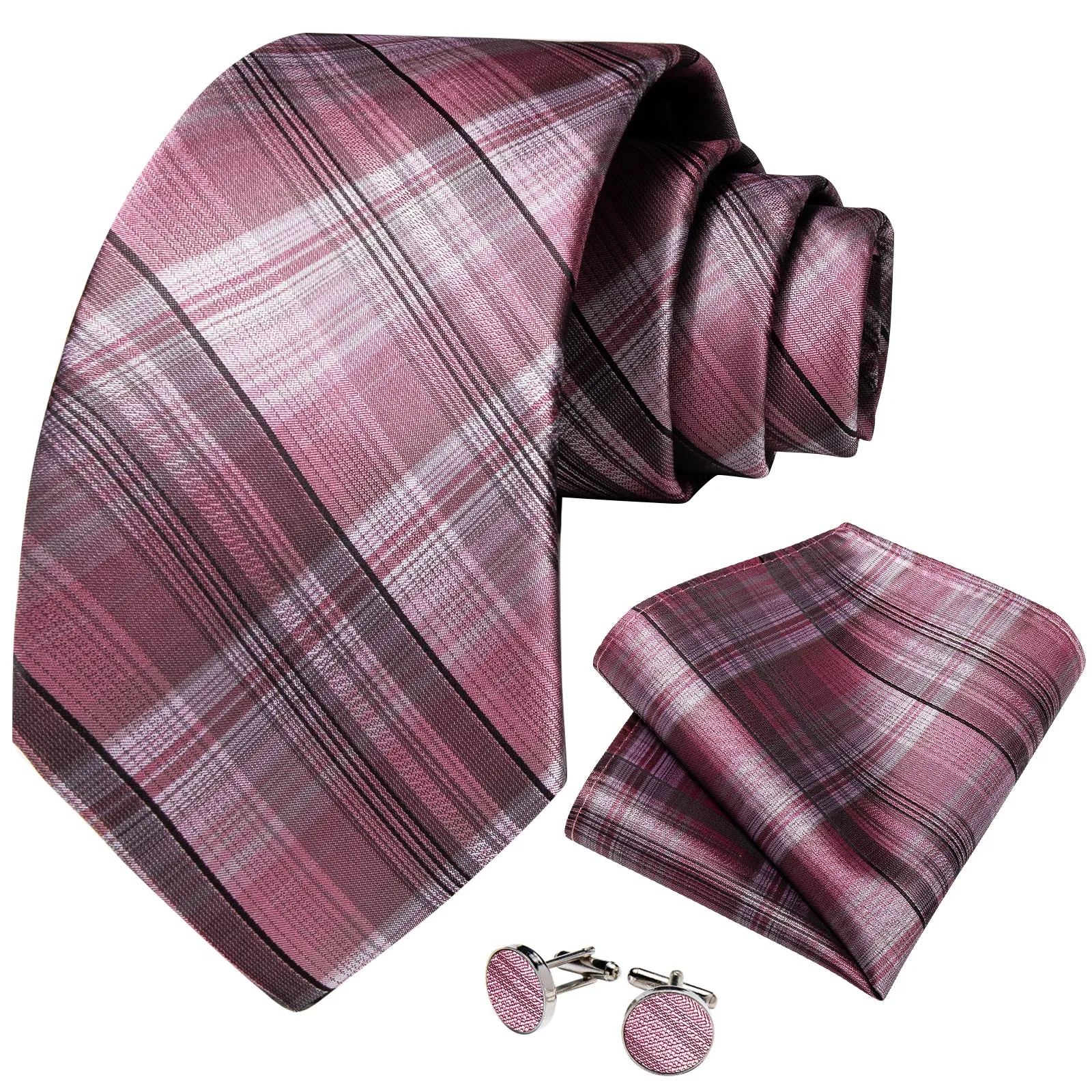 Pink Black Line Plaid Silk Fabric Tie Hanky Cufflinks Set sold by Ties2You product image thumbnail 2
