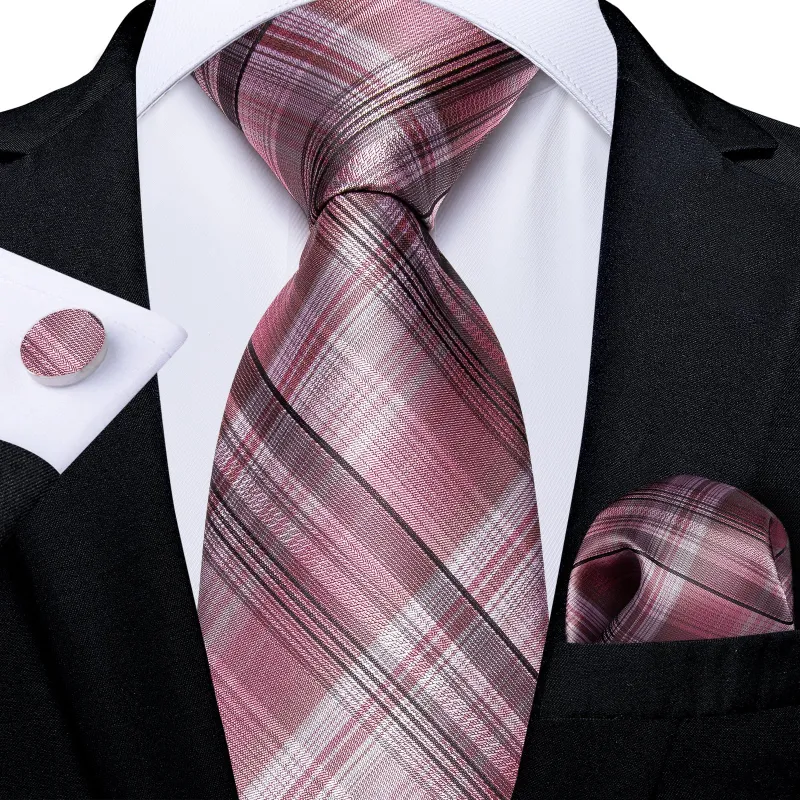 Pink Black Line Plaid Silk Fabric Tie Hanky Cufflinks Set sold by Ties2You