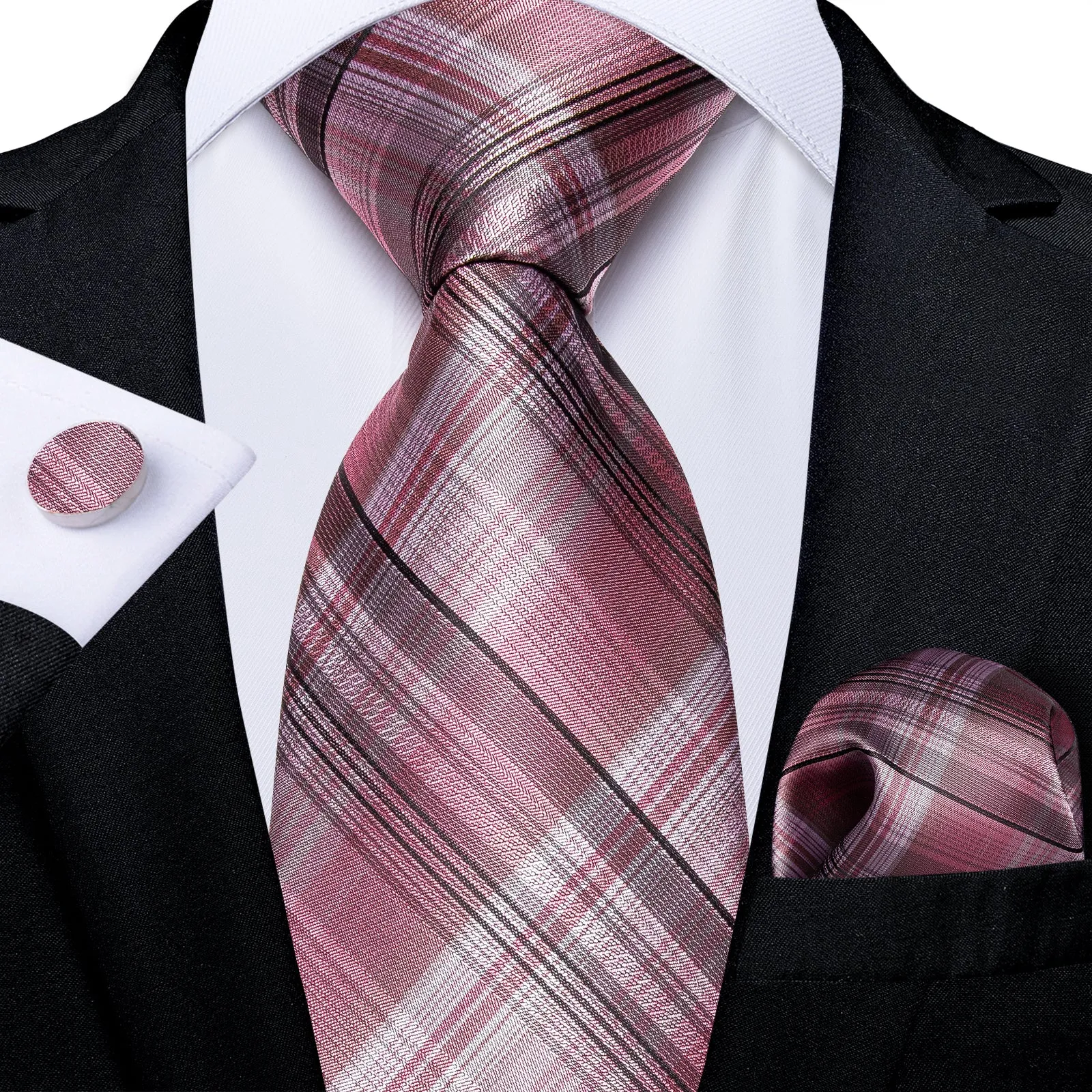 Pink Black Line Plaid Silk Fabric Tie Hanky Cufflinks Set sold by Ties2You