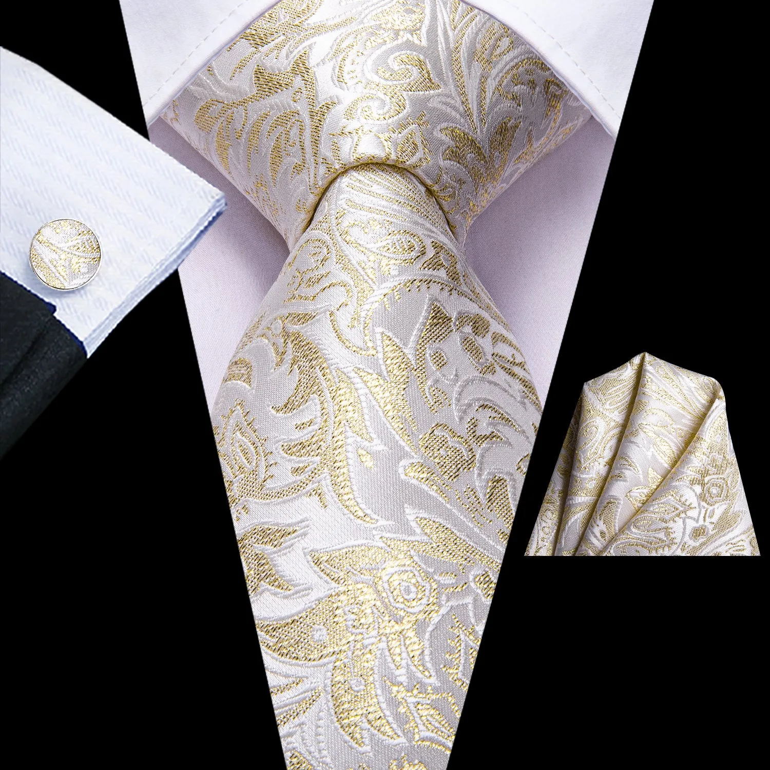 White Yellow Floral Necktie Pocket Square Cufflinks Set sold by Ties2You