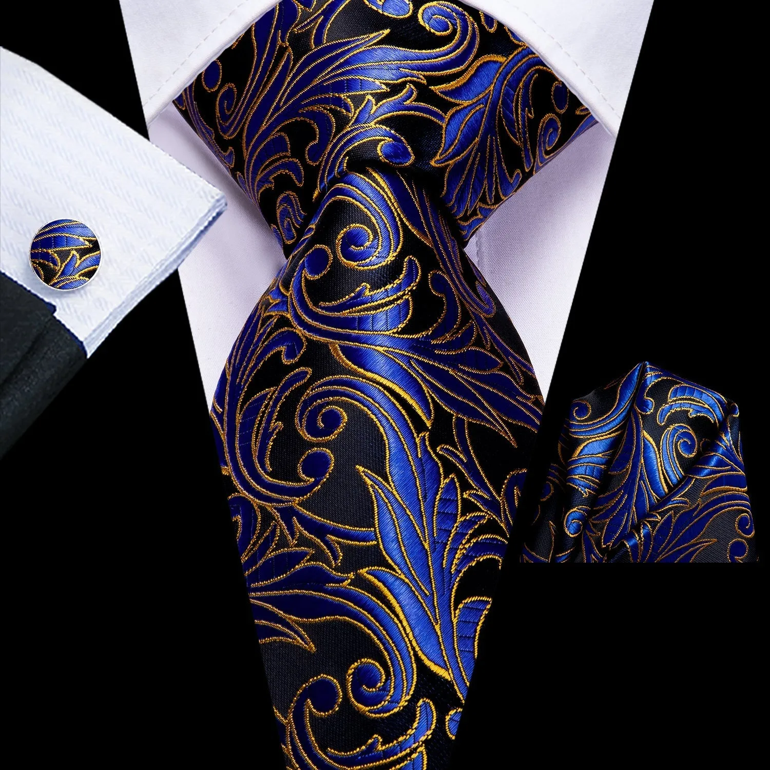 Ties2you Navy Blue Floral Necktie Mens Wedding Suit Tie Pocket Square Cufflinks Set sold by Ties2You
