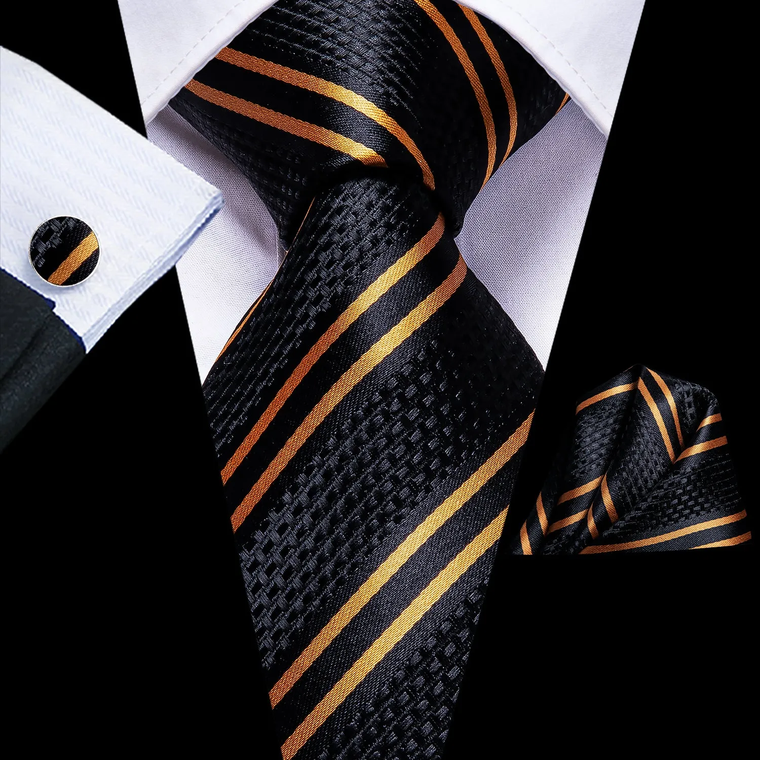Ties2you Mens Black Tie Golden Striped Necktie Pocket Square Cufflinks Set sold by Ties2You