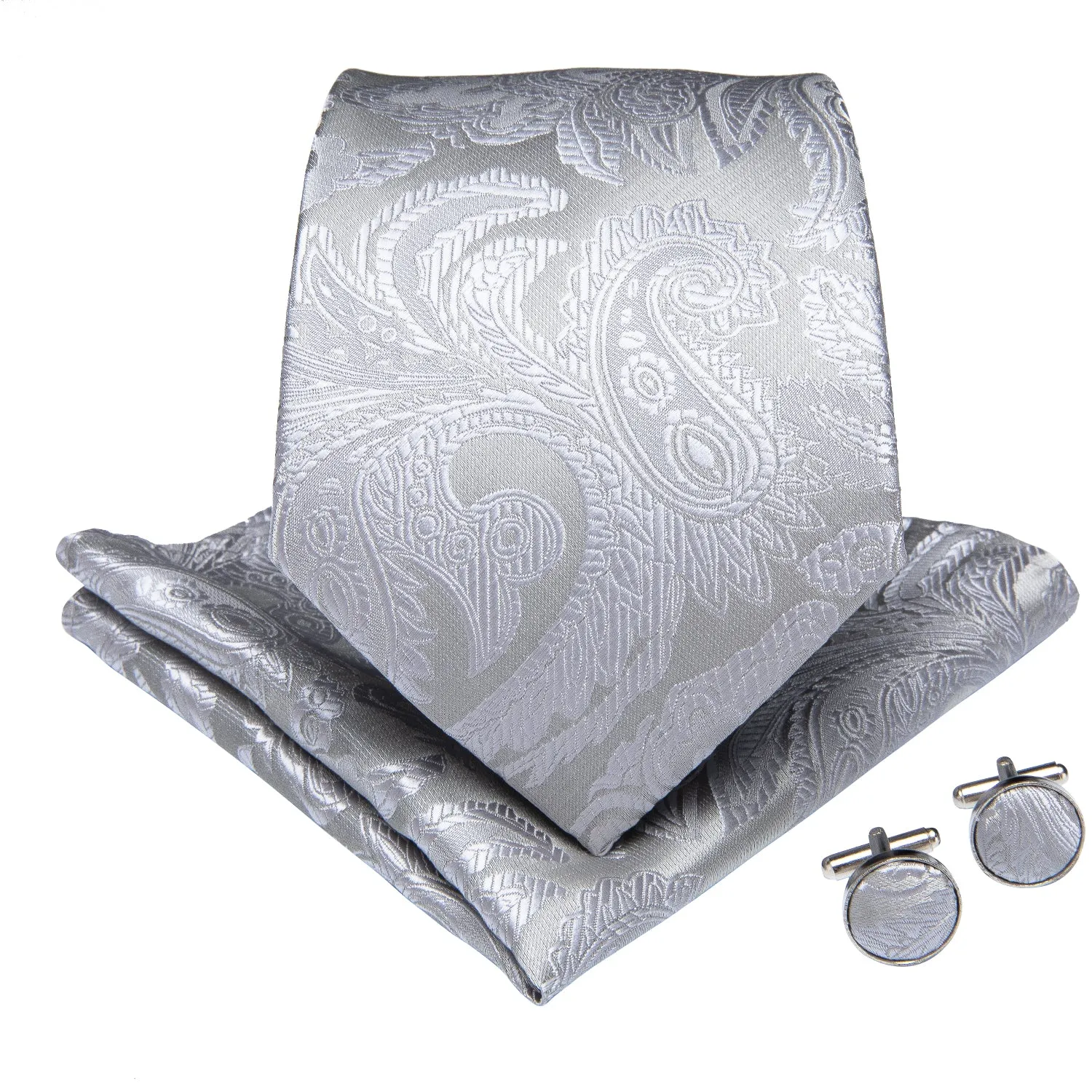Silver White Paisley Men's Necktie Pocket Square Cufflinks Set 8cm sold by Ties2You product image thumbnail 2