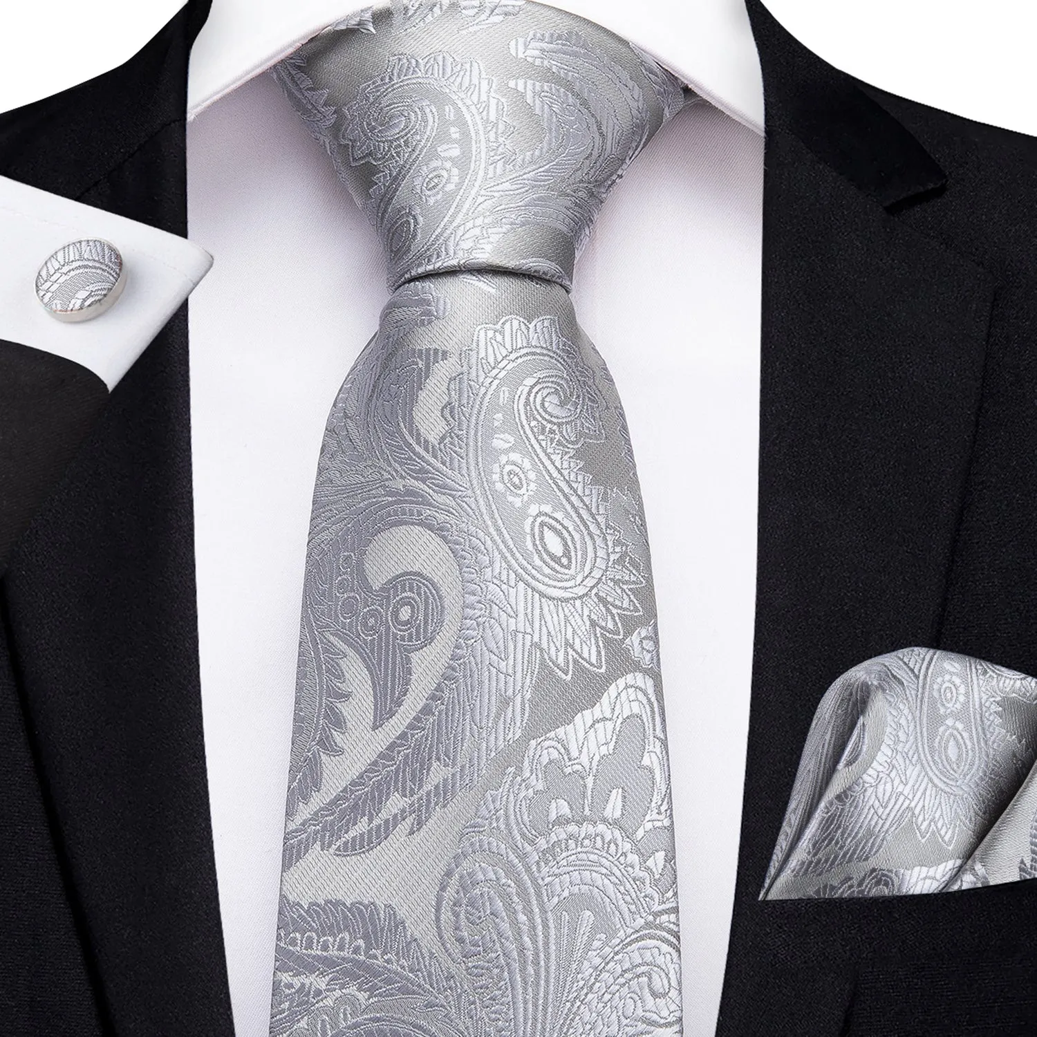 Silver White Paisley Men's Necktie Pocket Square Cufflinks Set 8cm sold by Ties2You