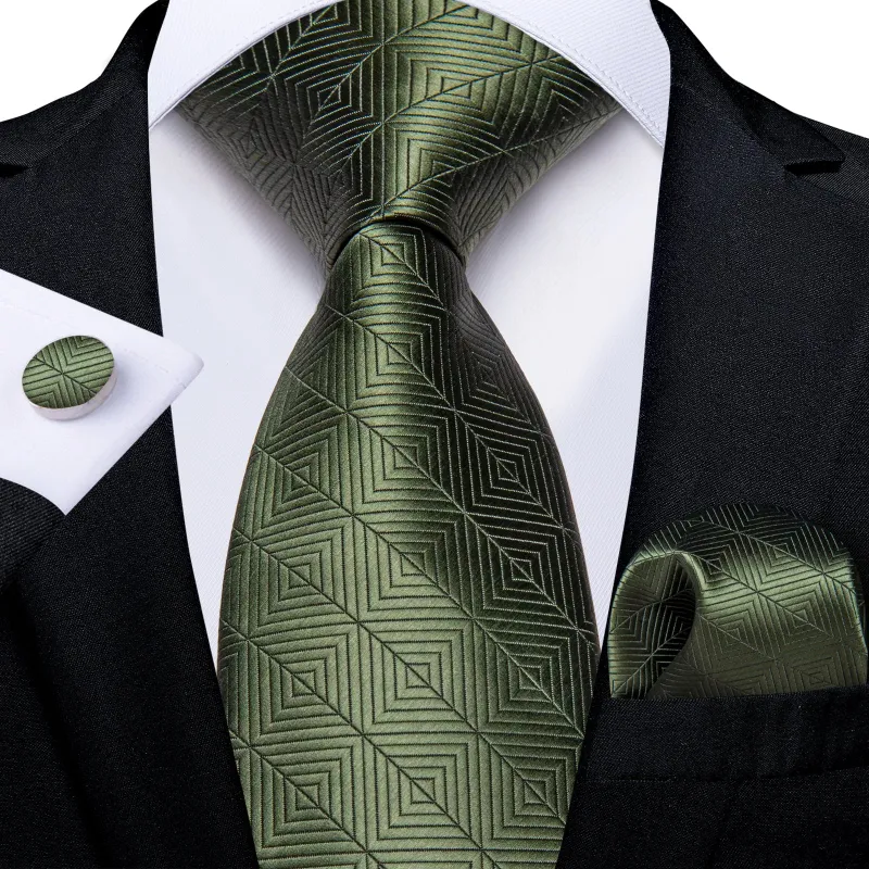 Ties2you Mens Tie Olive Drab Green Geometry Pattern Novelty Silk Necktie Hanky Cufflinks Set sold by Ties2You