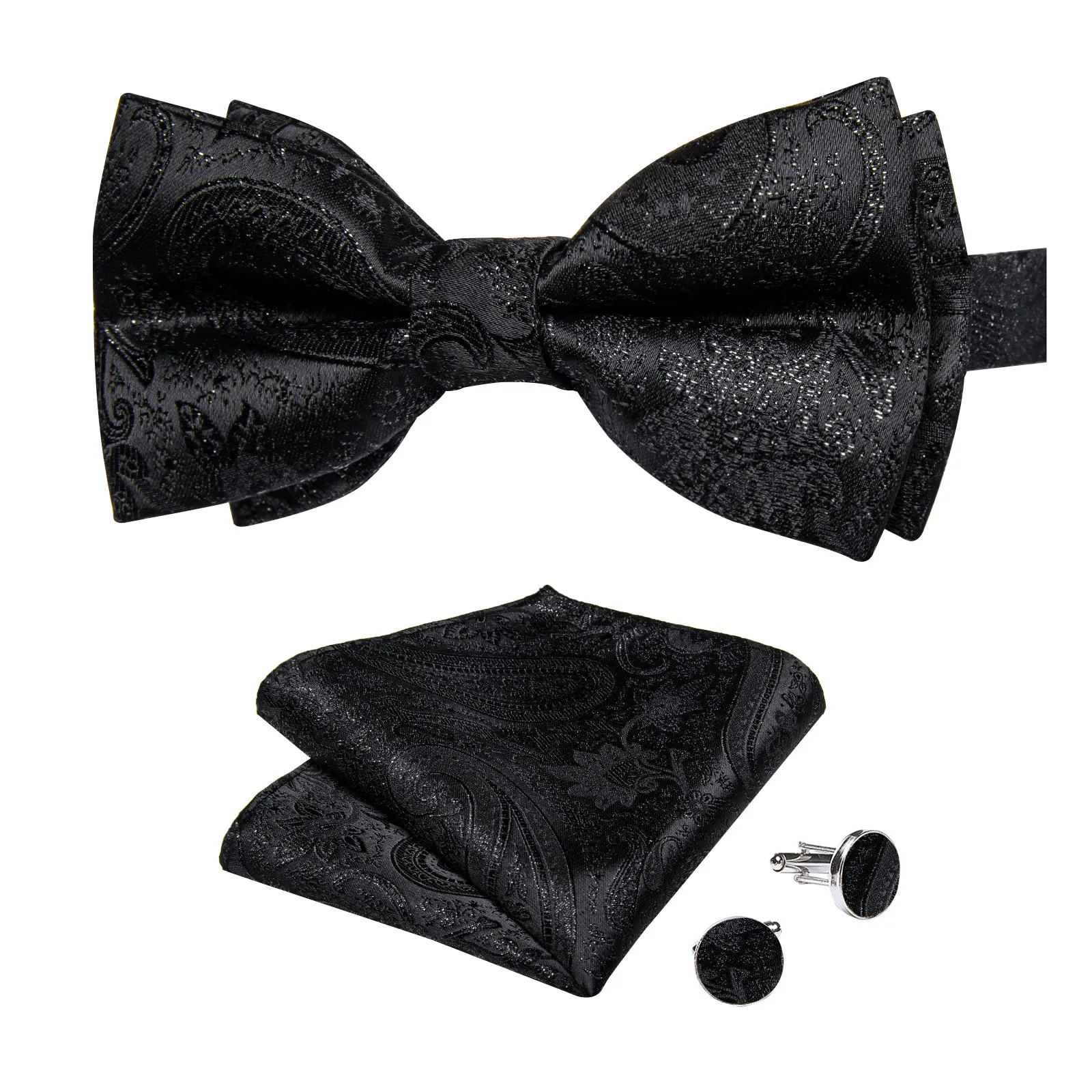 Classic Black Paisley Men Pre-tied Bowtie Pocket Square Cufflinks Set sold by Ties2You product image thumbnail 4