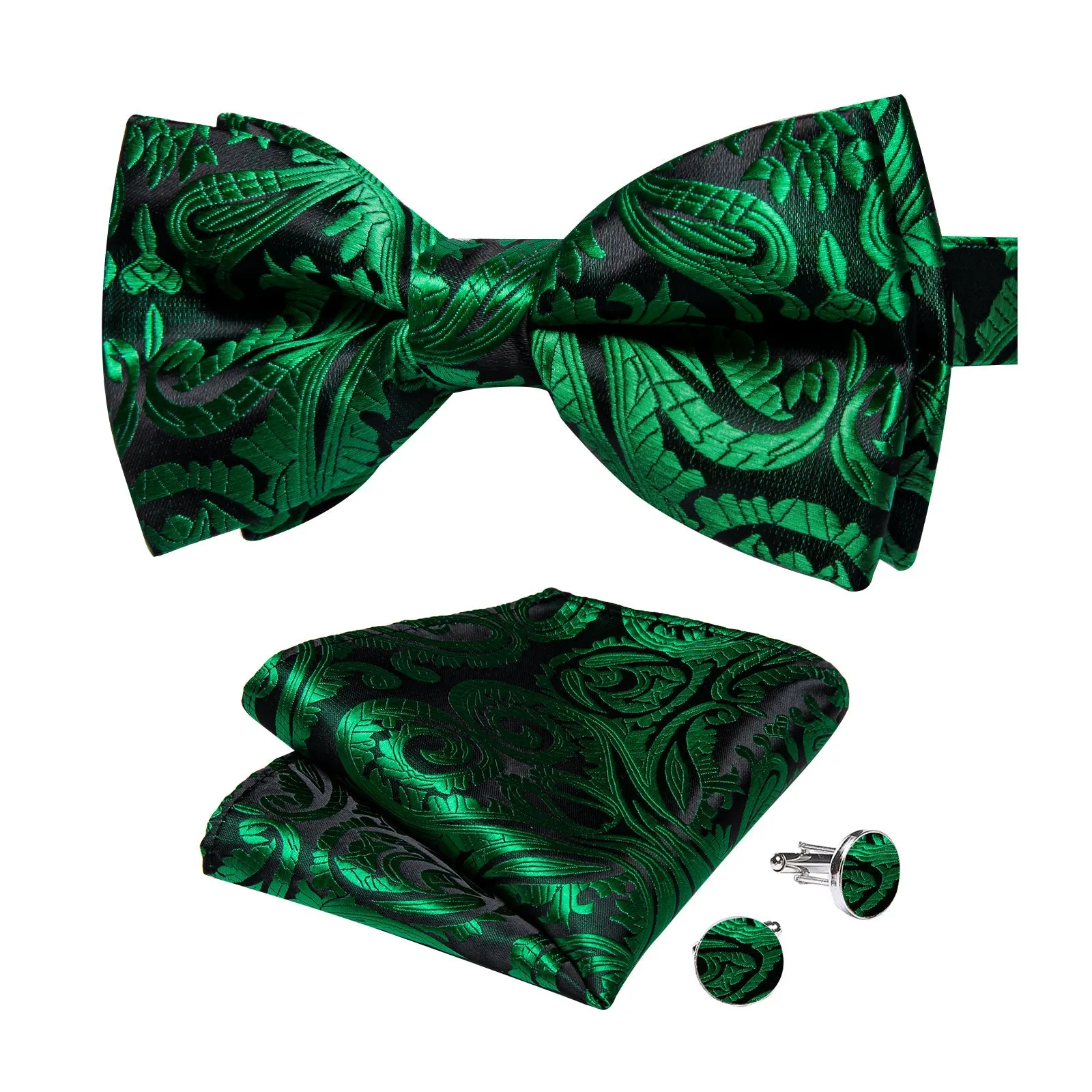 Green Floral Silk Pre-tied Bow Tie Hanky Cufflinks Set sold by Ties2You product image thumbnail 4
