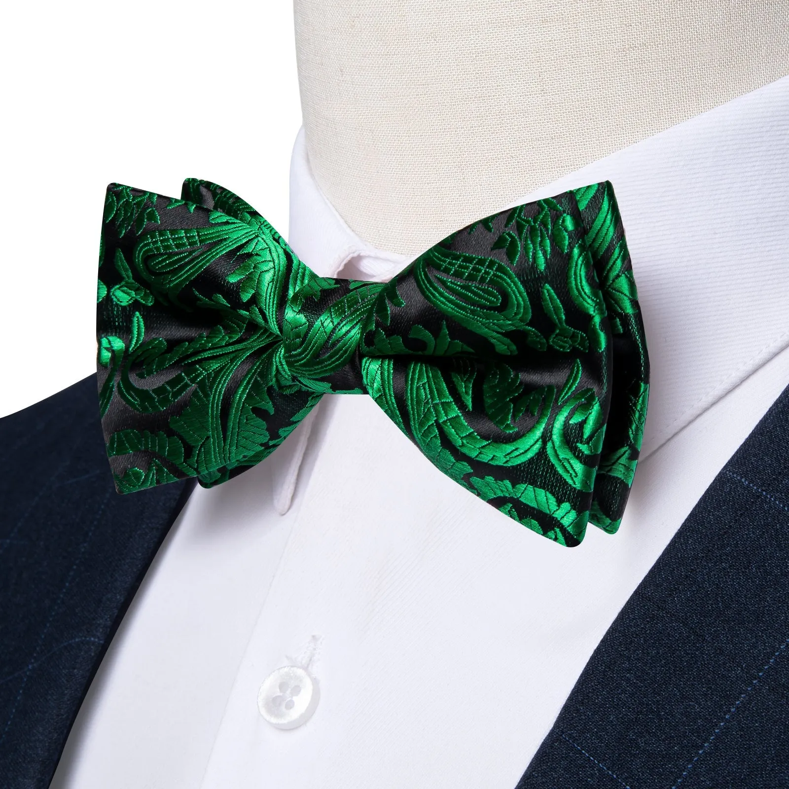 Green Floral Silk Pre-tied Bow Tie Hanky Cufflinks Set sold by Ties2You product image thumbnail 3