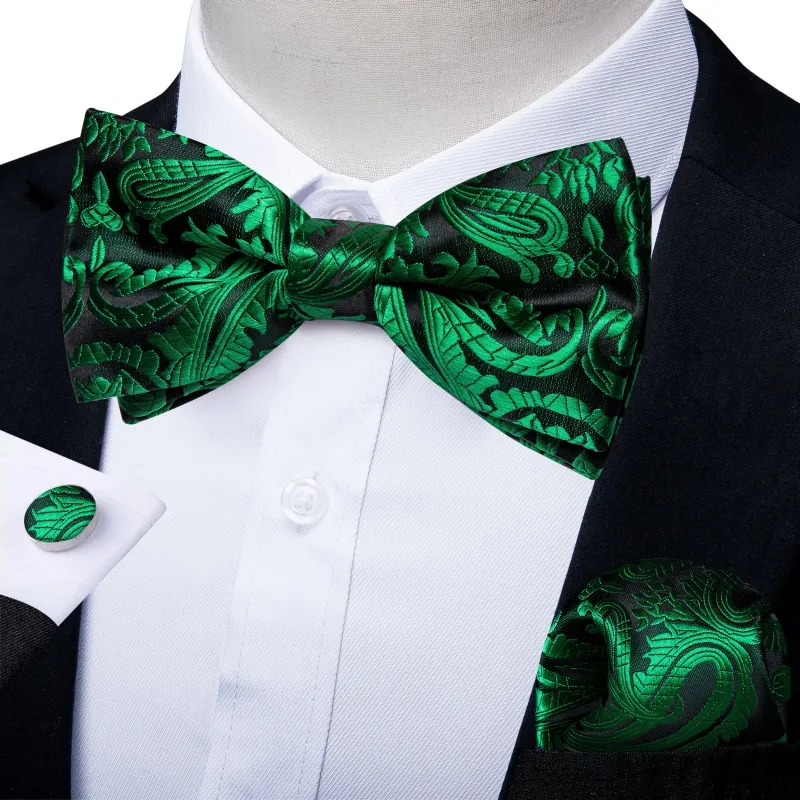 Green Floral Silk Pre-tied Bow Tie Hanky Cufflinks Set made by Ties2You