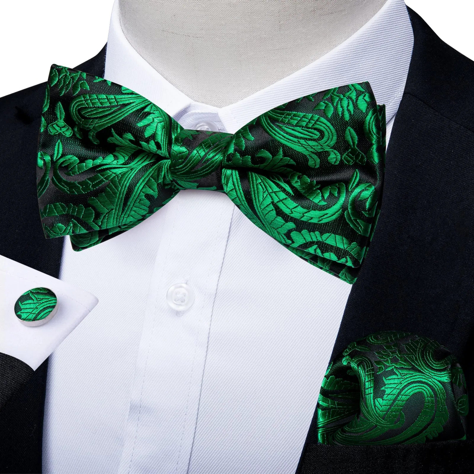 Green Floral Silk Pre-tied Bow Tie Hanky Cufflinks Set sold by Ties2You