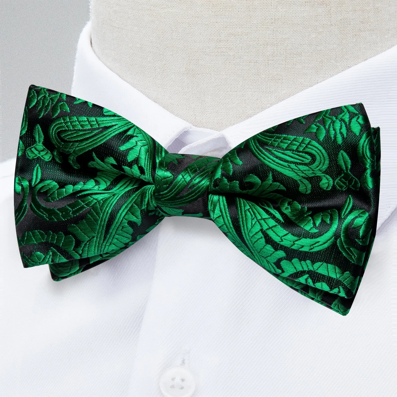 Green Floral Silk Pre-tied Bow Tie Hanky Cufflinks Set sold by Ties2You product image thumbnail 2