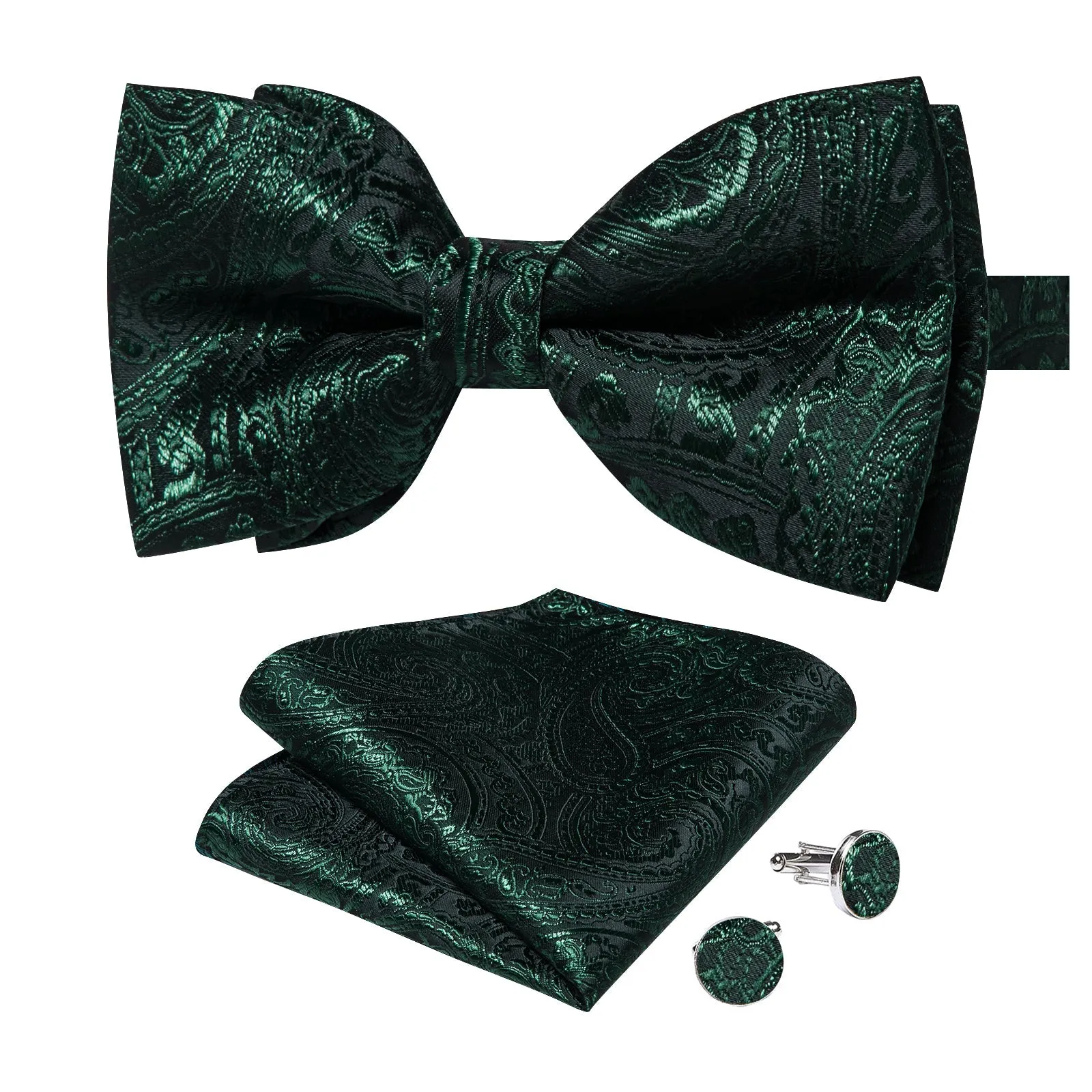 Black Sapphire Pine Green Paisley Pre-tied Bow Tie Hanky Cufflinks Set sold by Ties2You product image thumbnail 4
