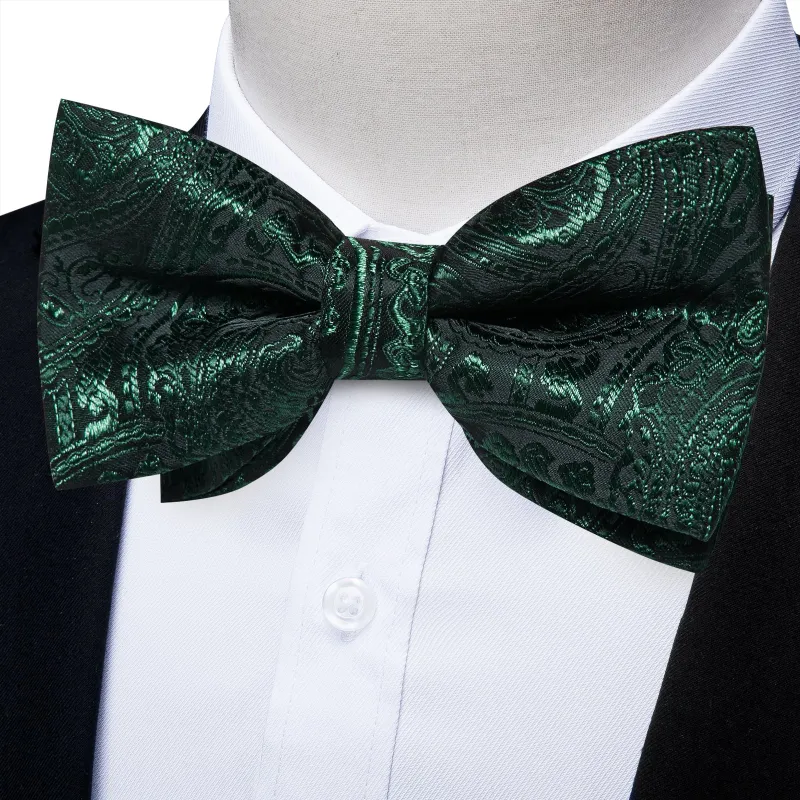 Black Sapphire Pine Green Paisley Pre-tied Bow Tie Hanky Cufflinks Set sold by Ties2You