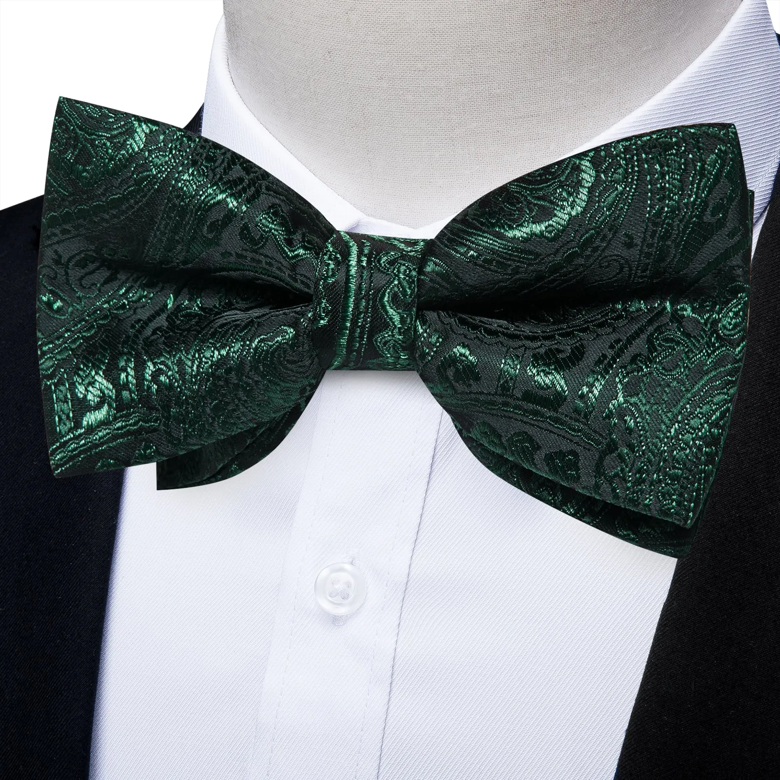 Black Sapphire Pine Green Paisley Pre-tied Bow Tie Hanky Cufflinks Set sold by Ties2You