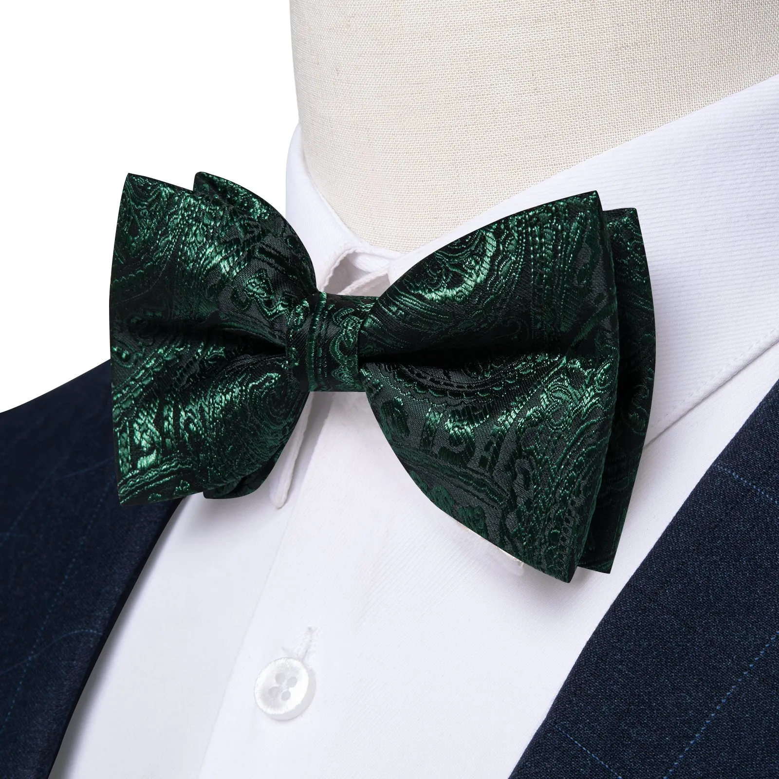 Black Sapphire Pine Green Paisley Pre-tied Bow Tie Hanky Cufflinks Set sold by Ties2You product image thumbnail 3