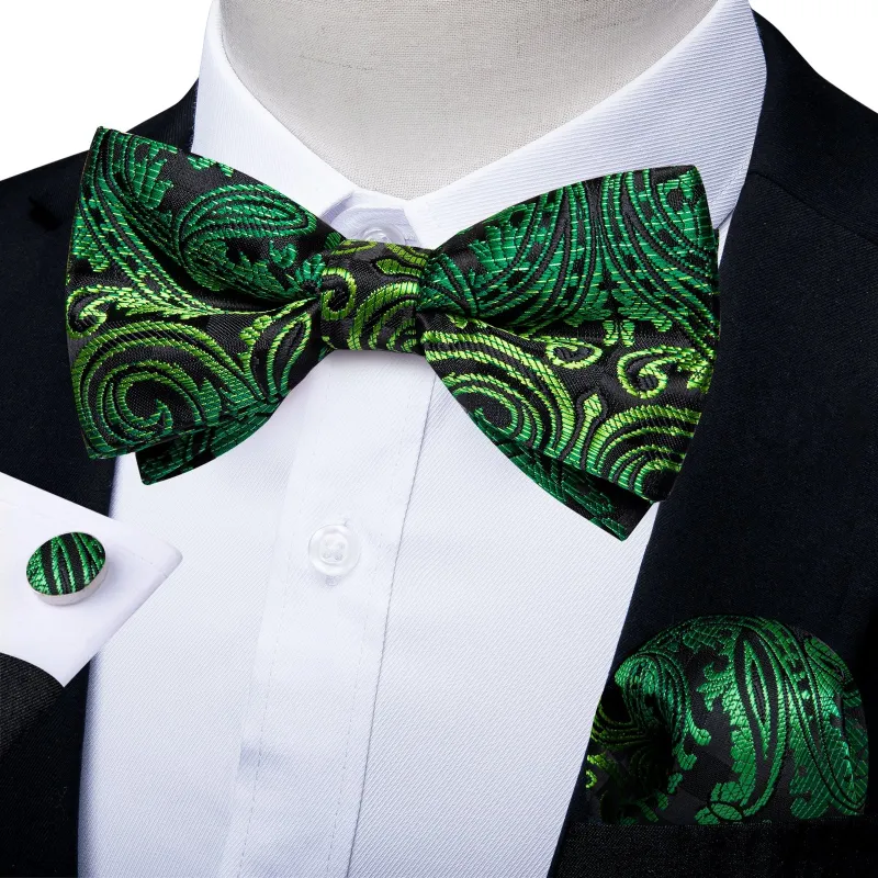 Black Golden Floral Silk Pre-tied Bow Tie Hanky Cufflinks Set sold by Ties2You